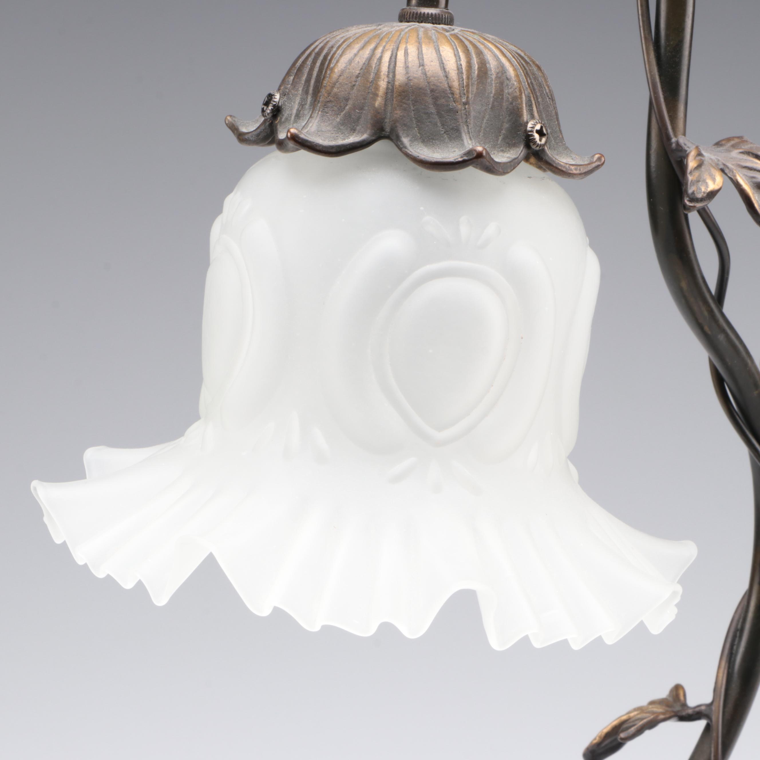 French Art Nouveau Style Figural Lamp with Satin Glass Shade