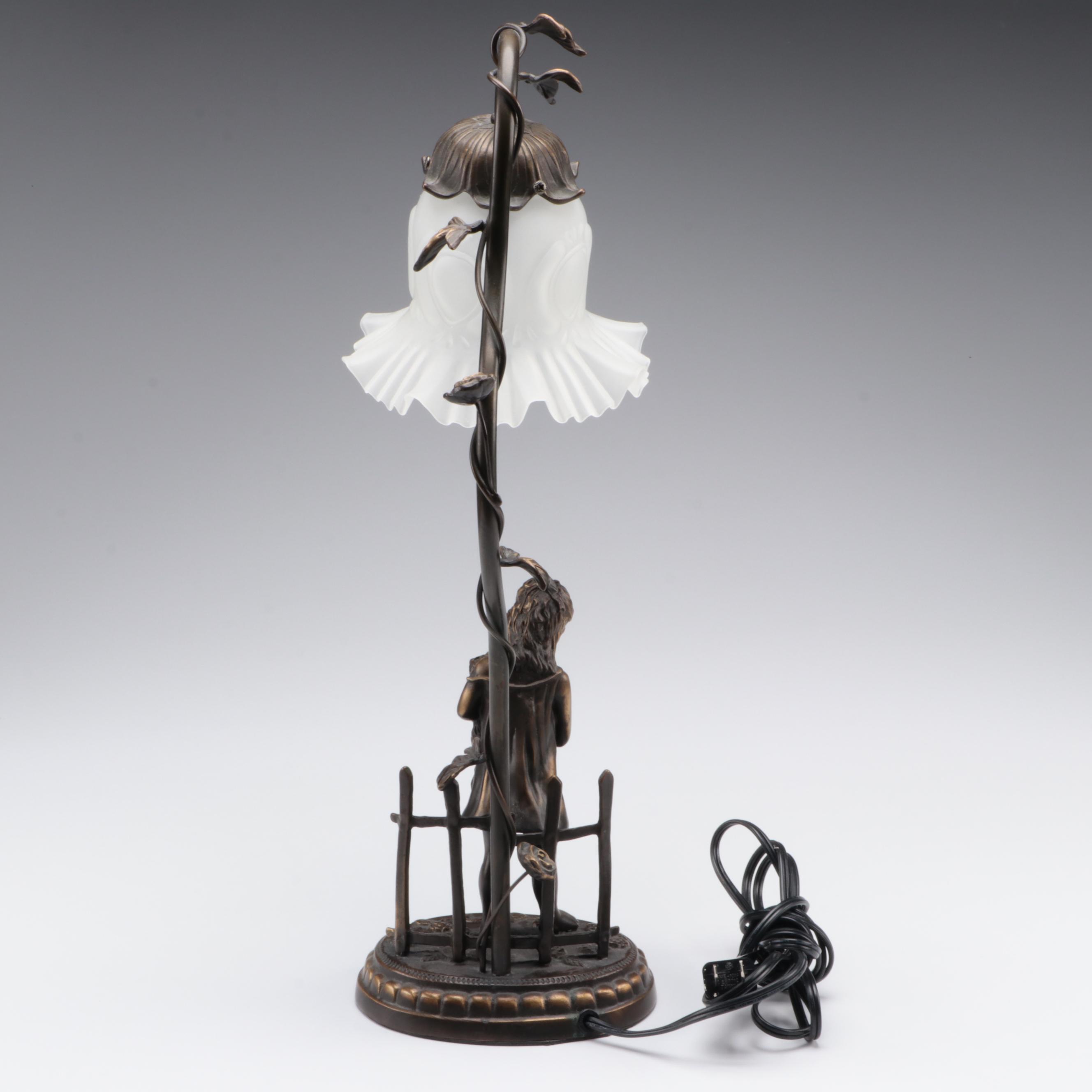 French Art Nouveau Style Figural Lamp with Satin Glass Shade