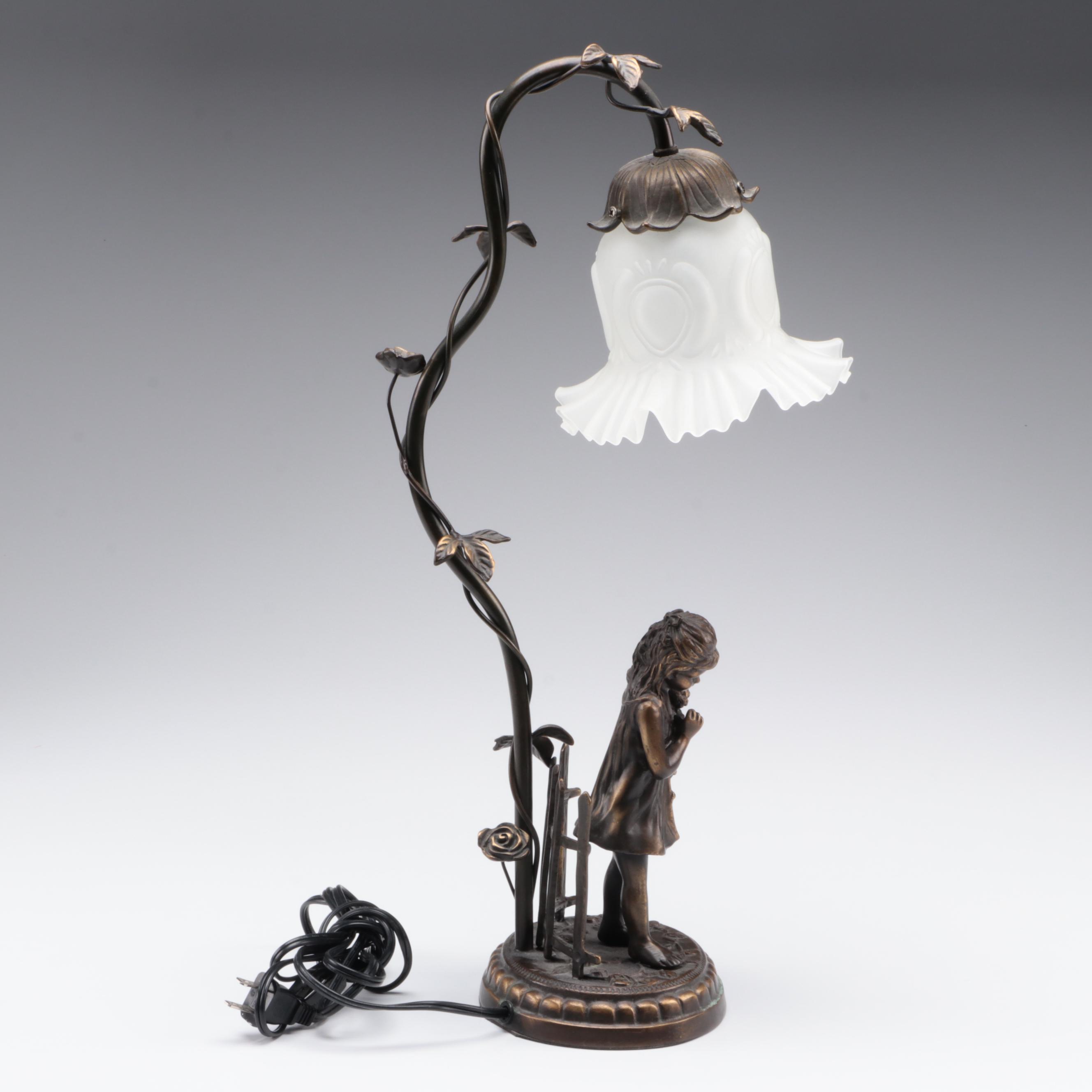 French Art Nouveau Style Figural Lamp with Satin Glass Shade