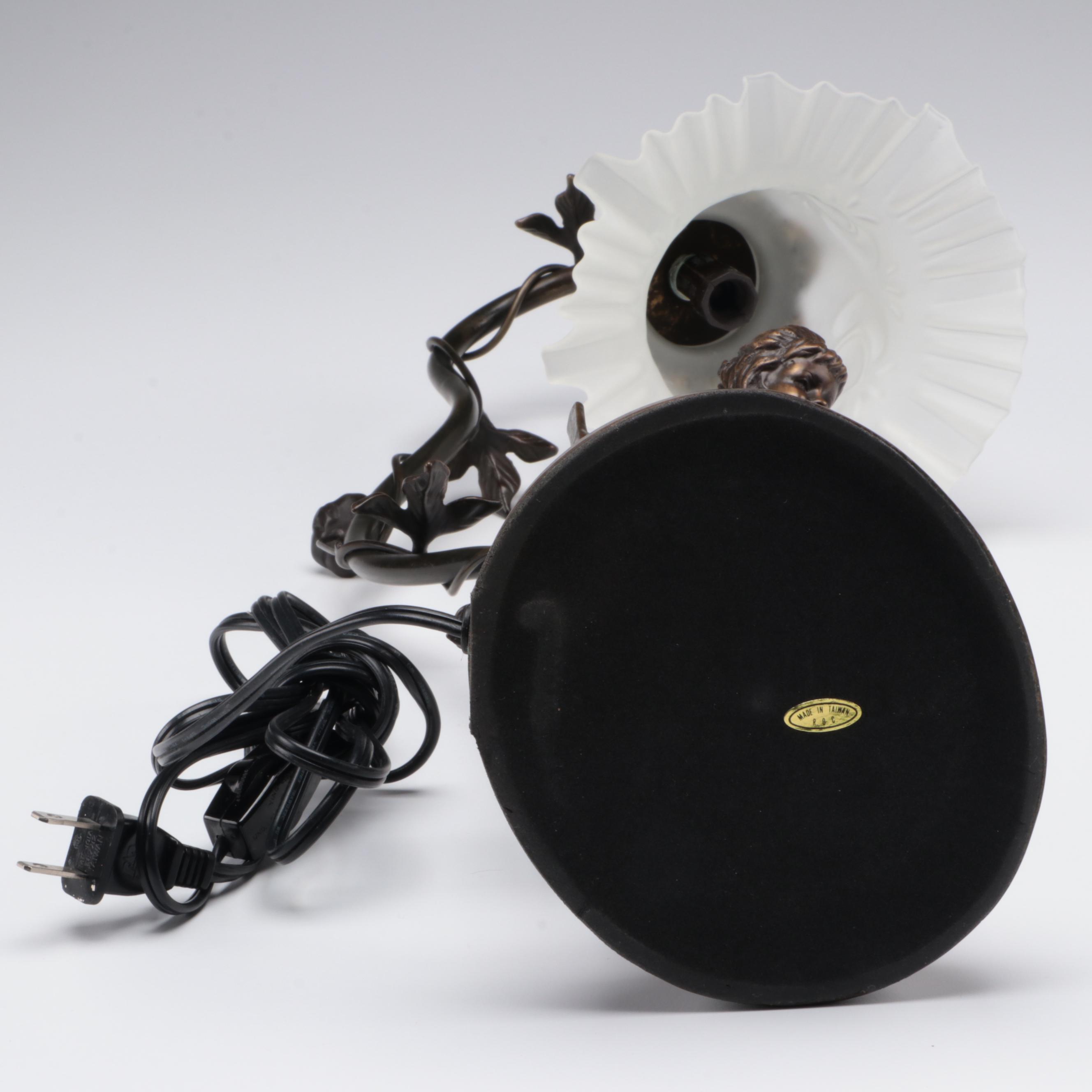 French Art Nouveau Style Figural Lamp with Satin Glass Shade