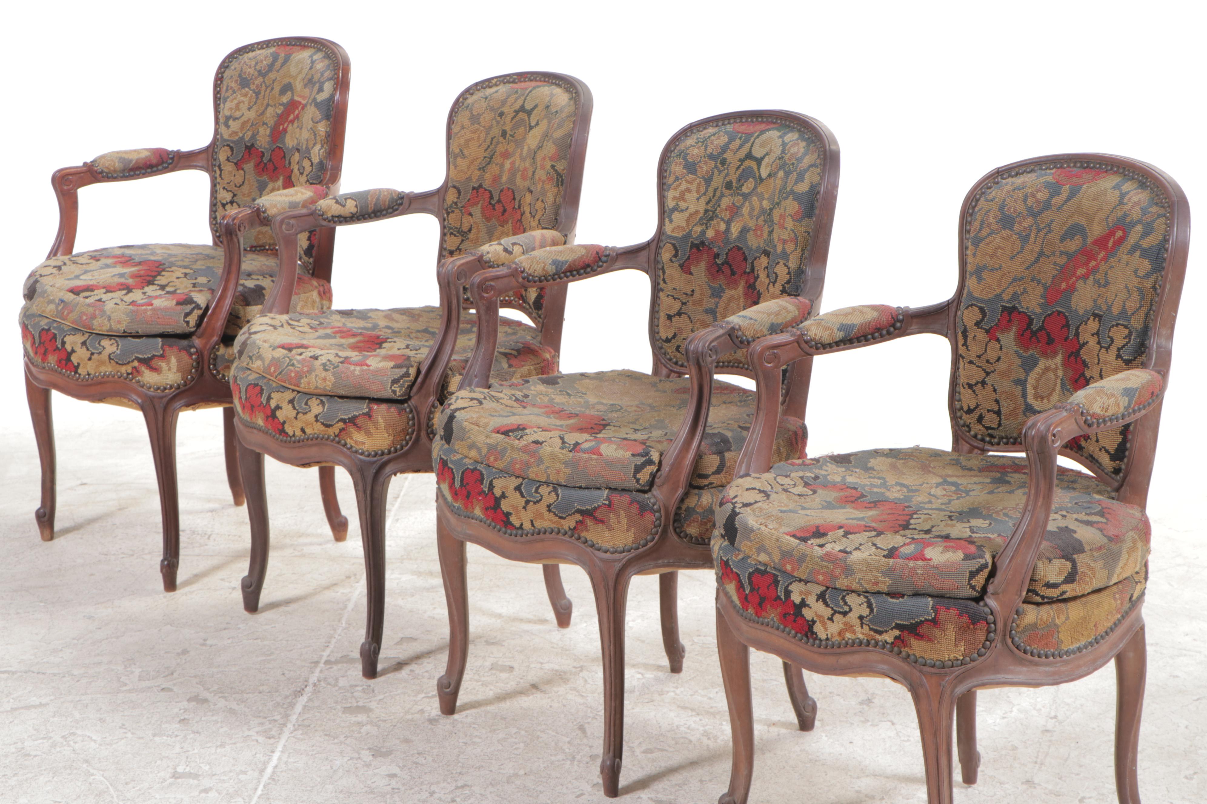 Four Louis XV Style Beech and Needlepoint Upholstered Fauteuils, 19th C