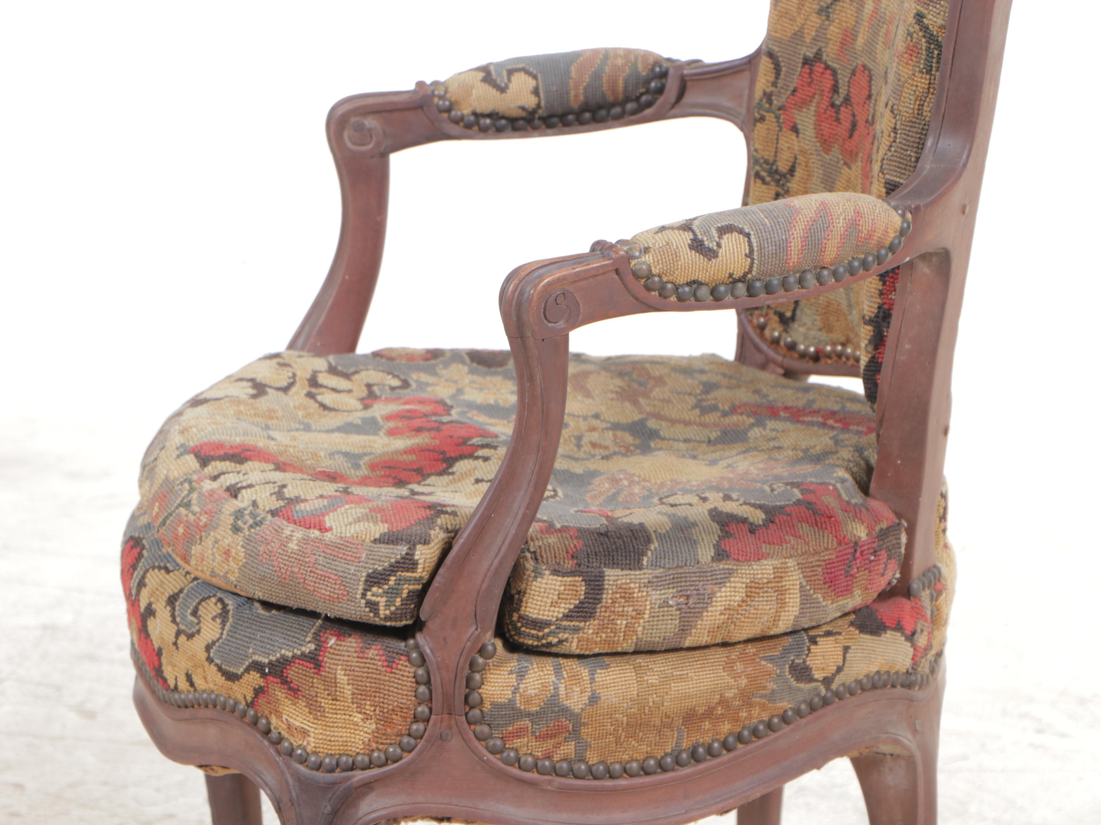 Four Louis XV Style Beech and Needlepoint Upholstered Fauteuils, 19th C