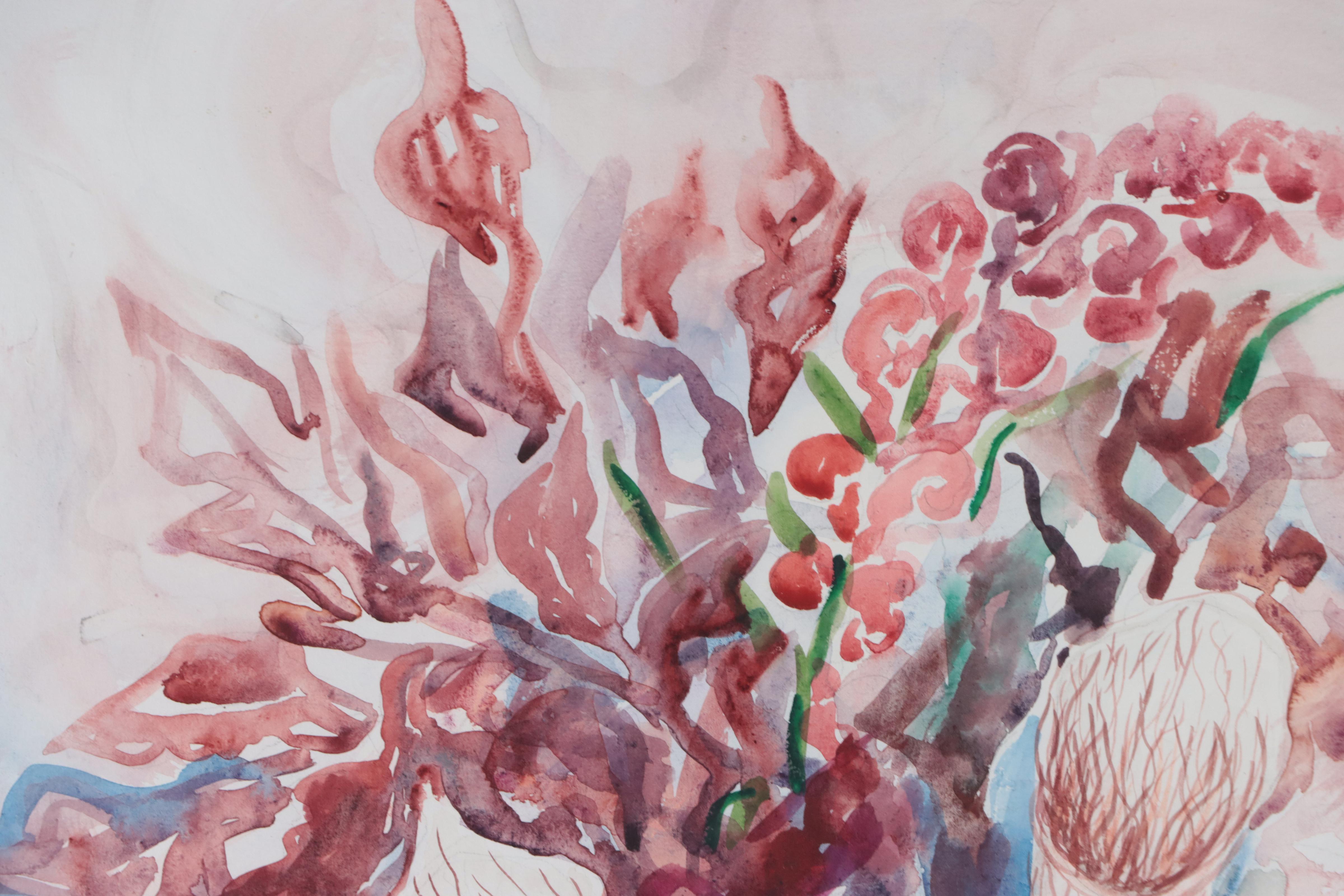 Vera White Floral Still Life Watercolor Painting, 1947