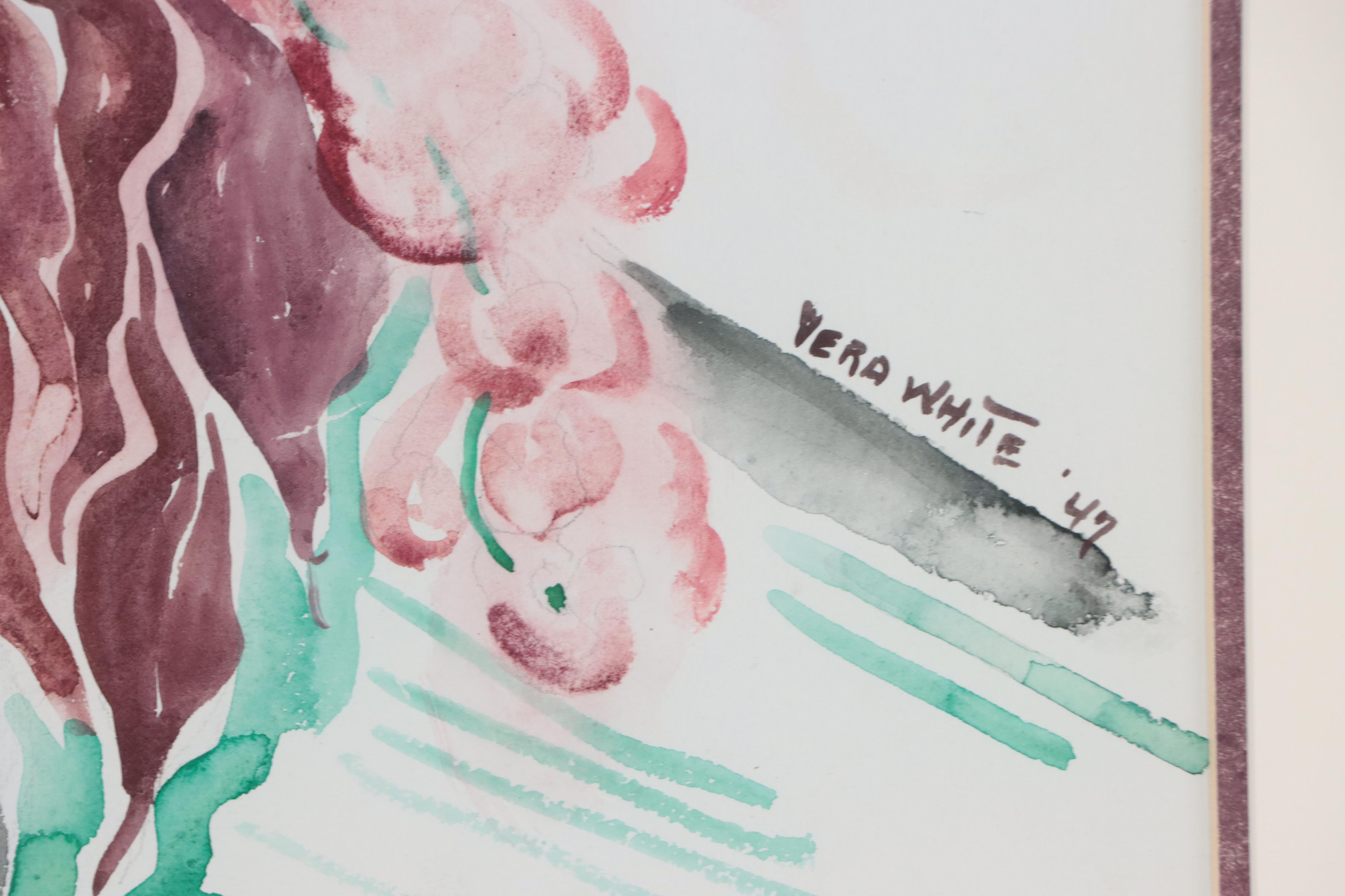 Vera White Floral Still Life Watercolor Painting, 1947