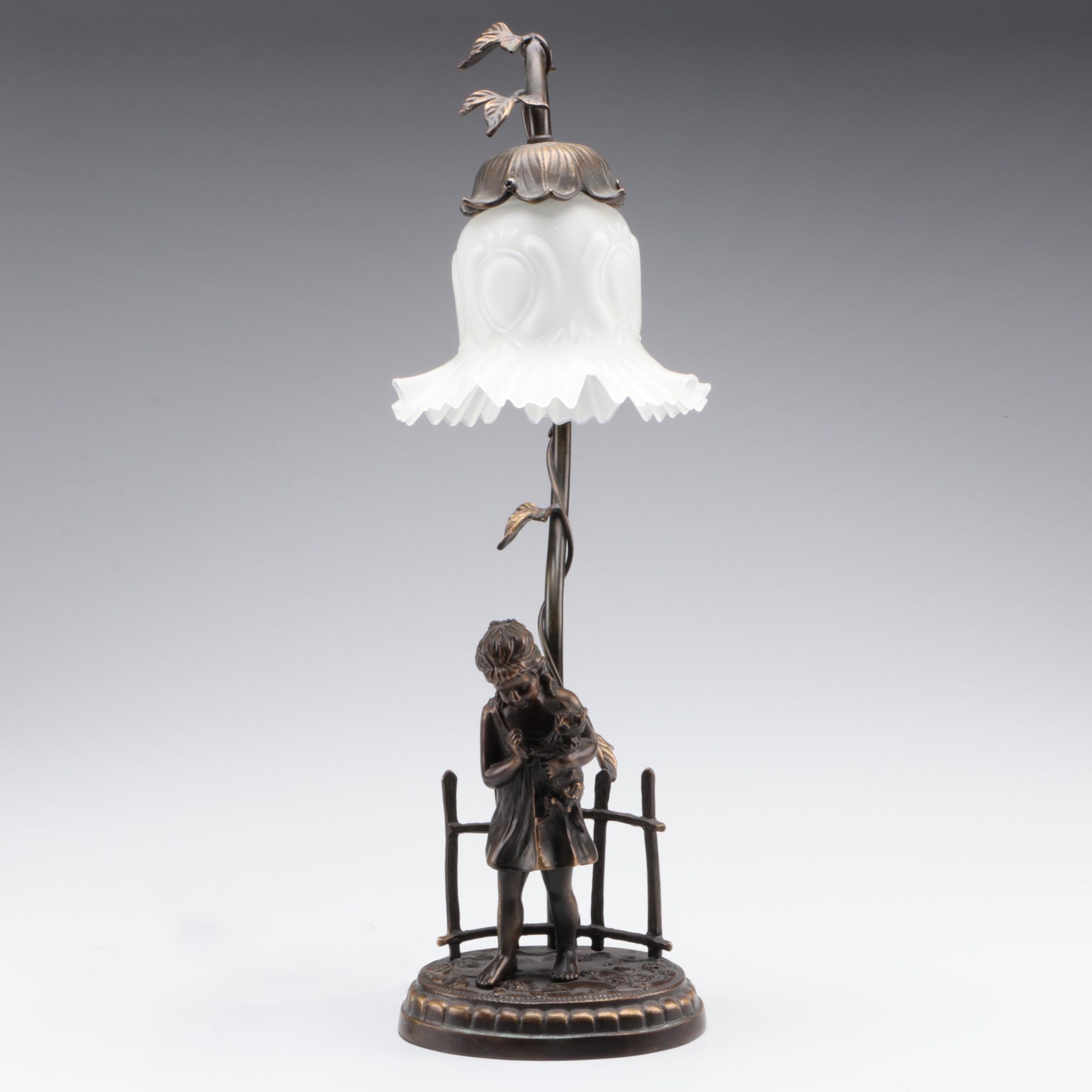 French Art Nouveau Style Figural Lamp with Satin Glass Shade