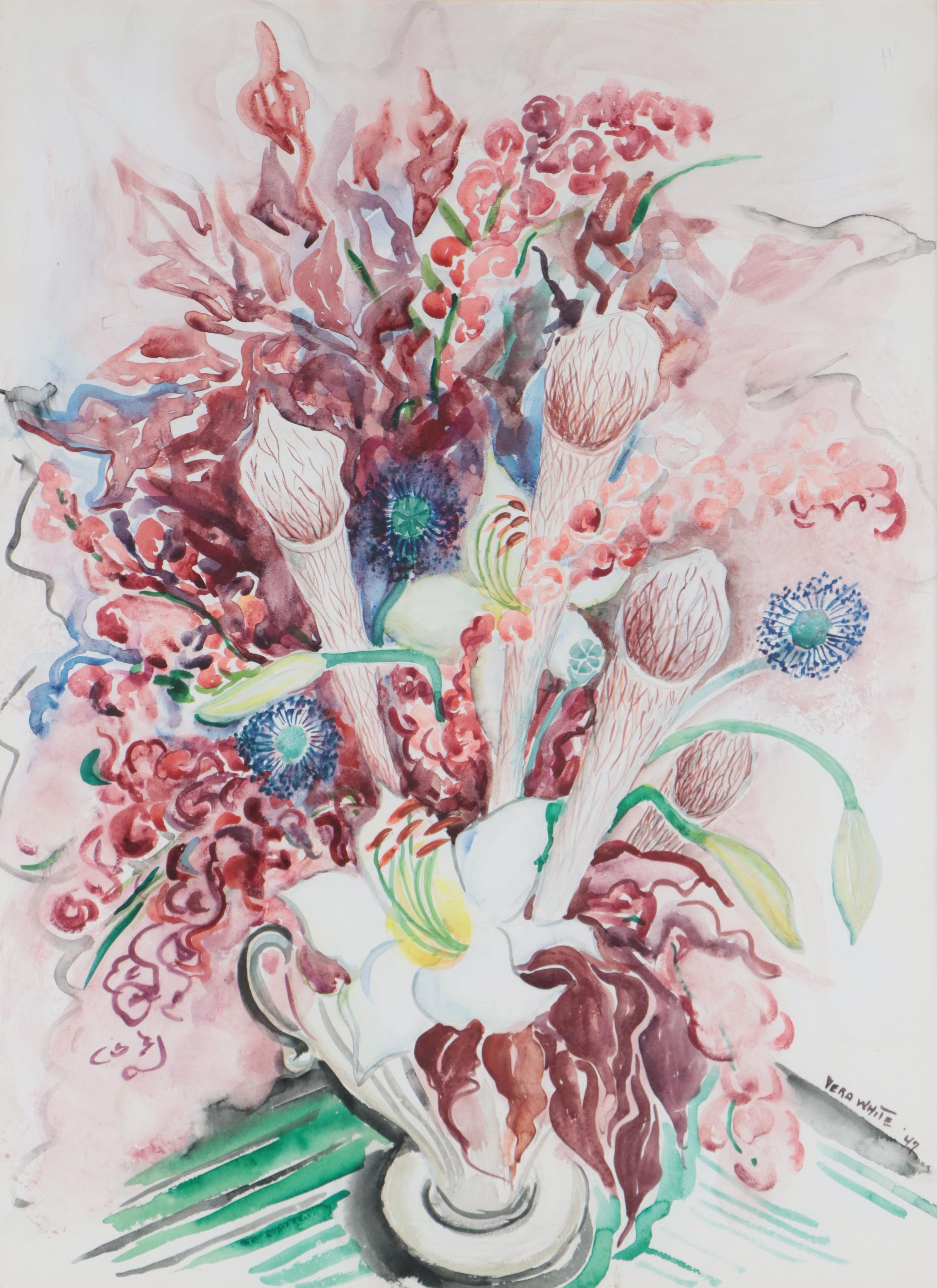 Vera White Floral Still Life Watercolor Painting, 1947