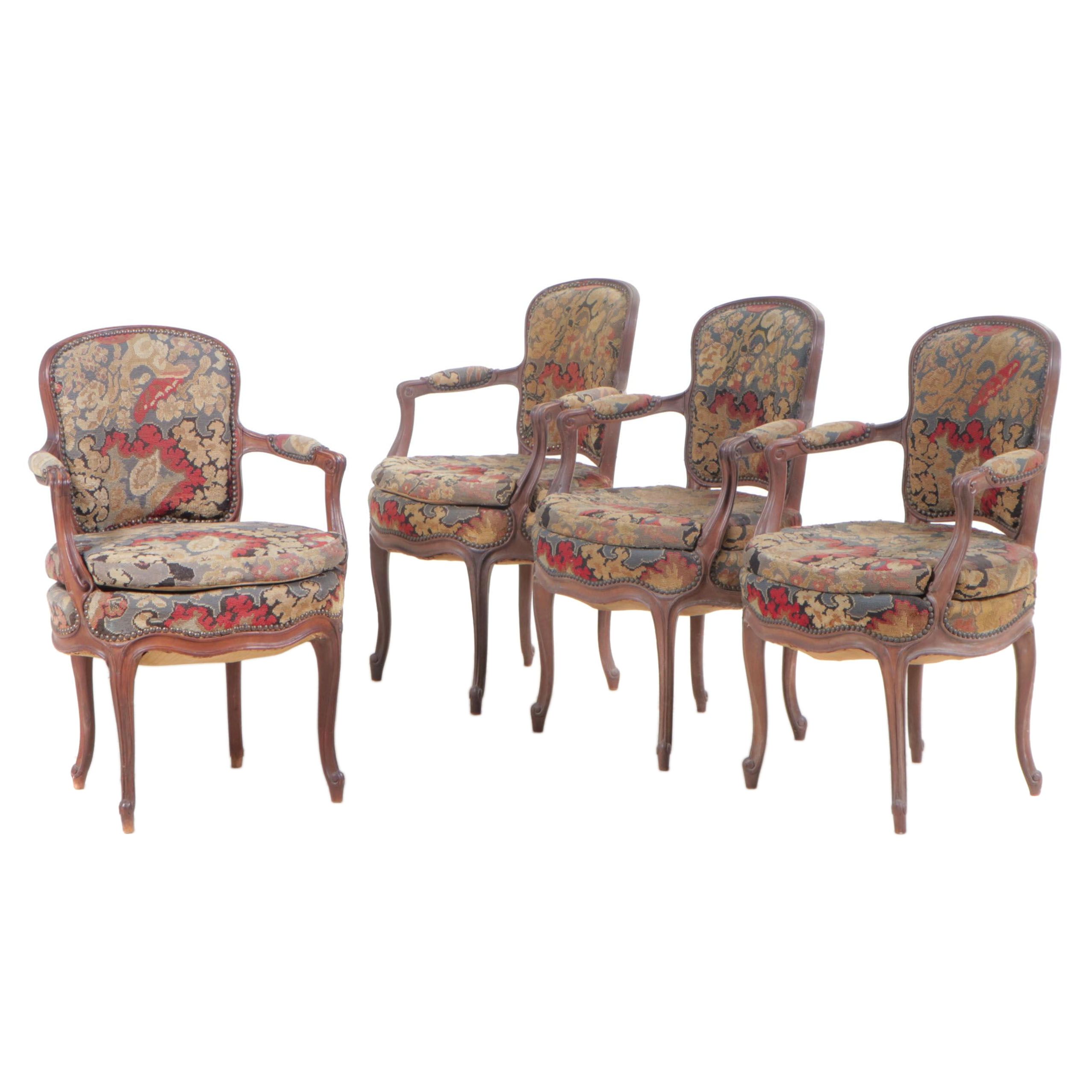 Four Louis XV Style Beech and Needlepoint Upholstered Fauteuils, 19th C