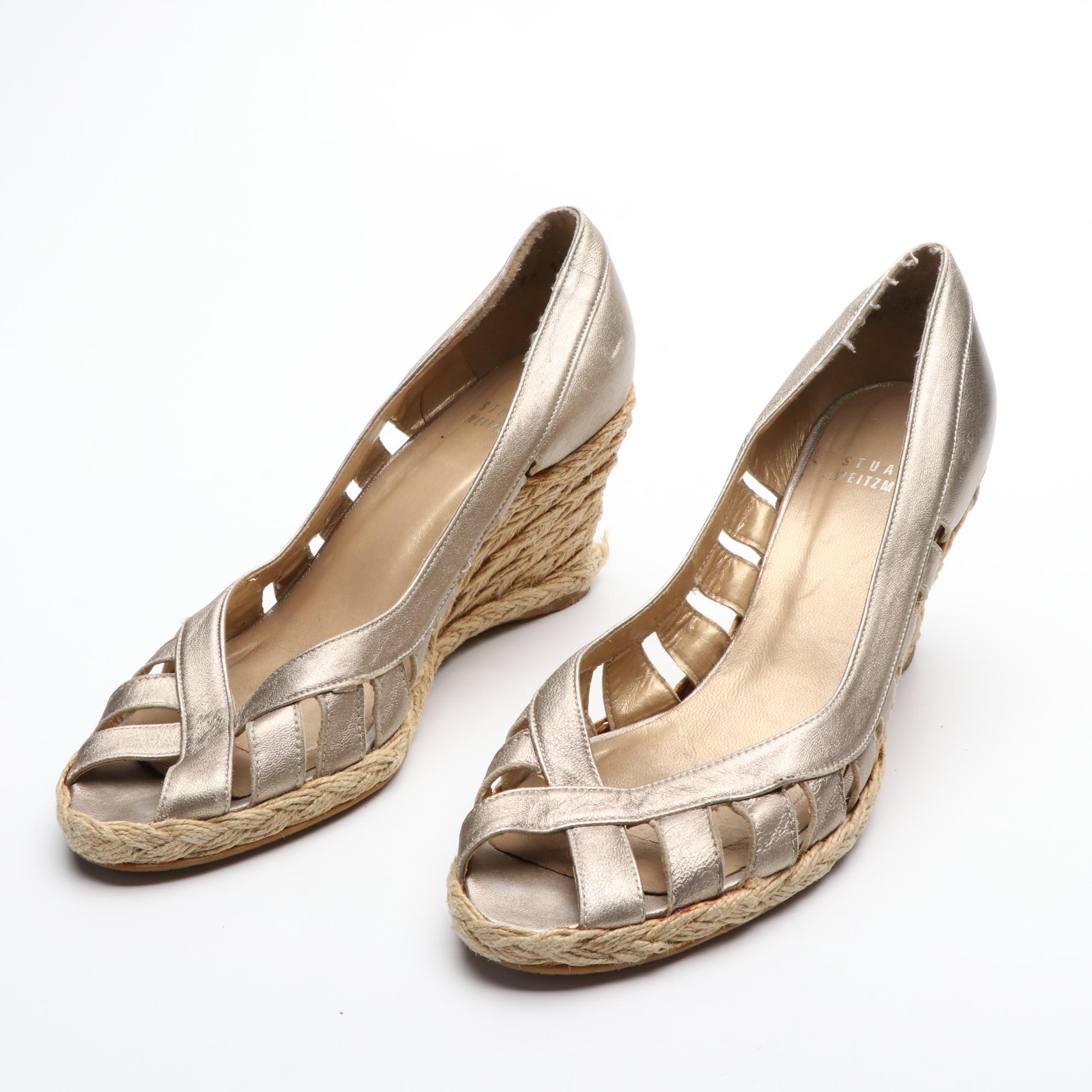 Stuart Weitzman Open Toe Espadrilles and Wedges in Fabric and Leather