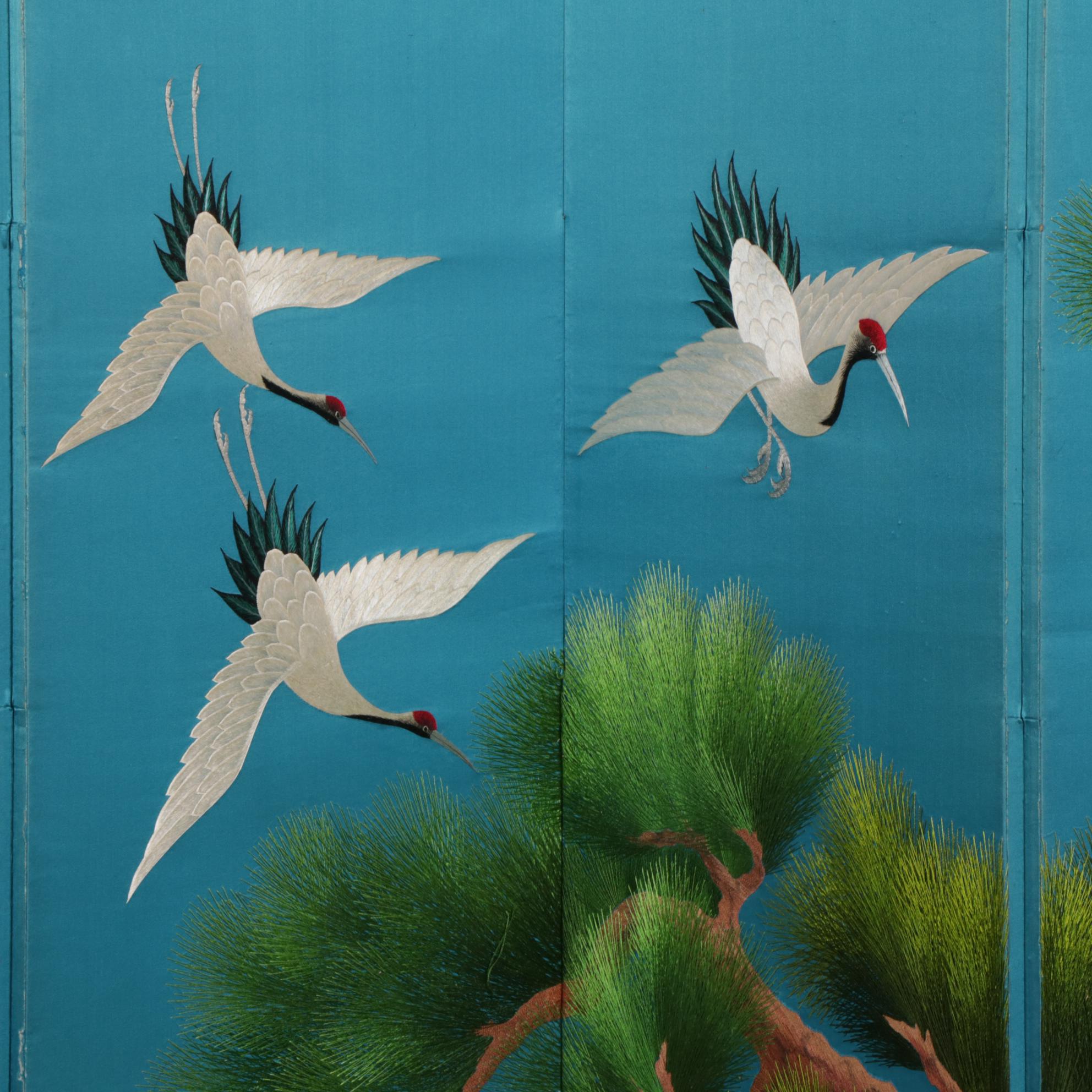 Chinese 7-Panel Screen with Embroidered Cranes and Caligraphy, Late 20th Century