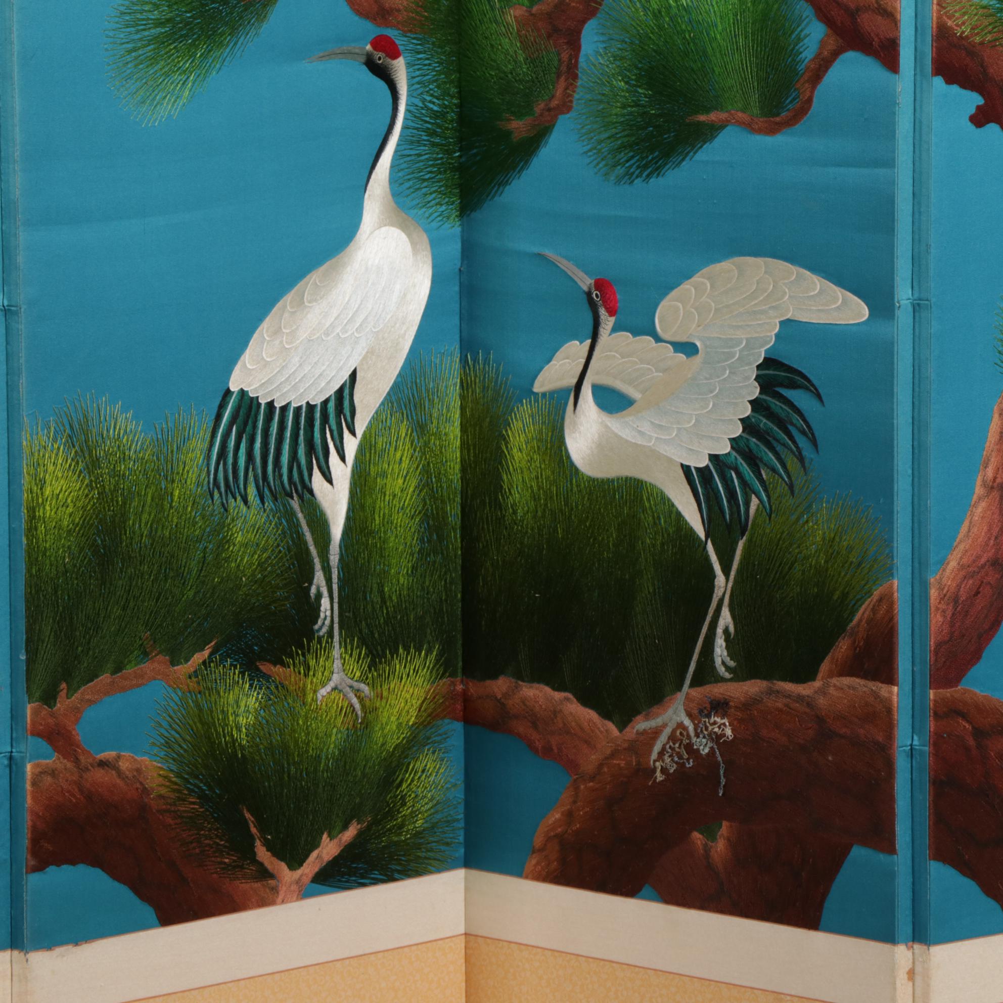 Chinese 7-Panel Screen with Embroidered Cranes and Caligraphy, Late 20th Century