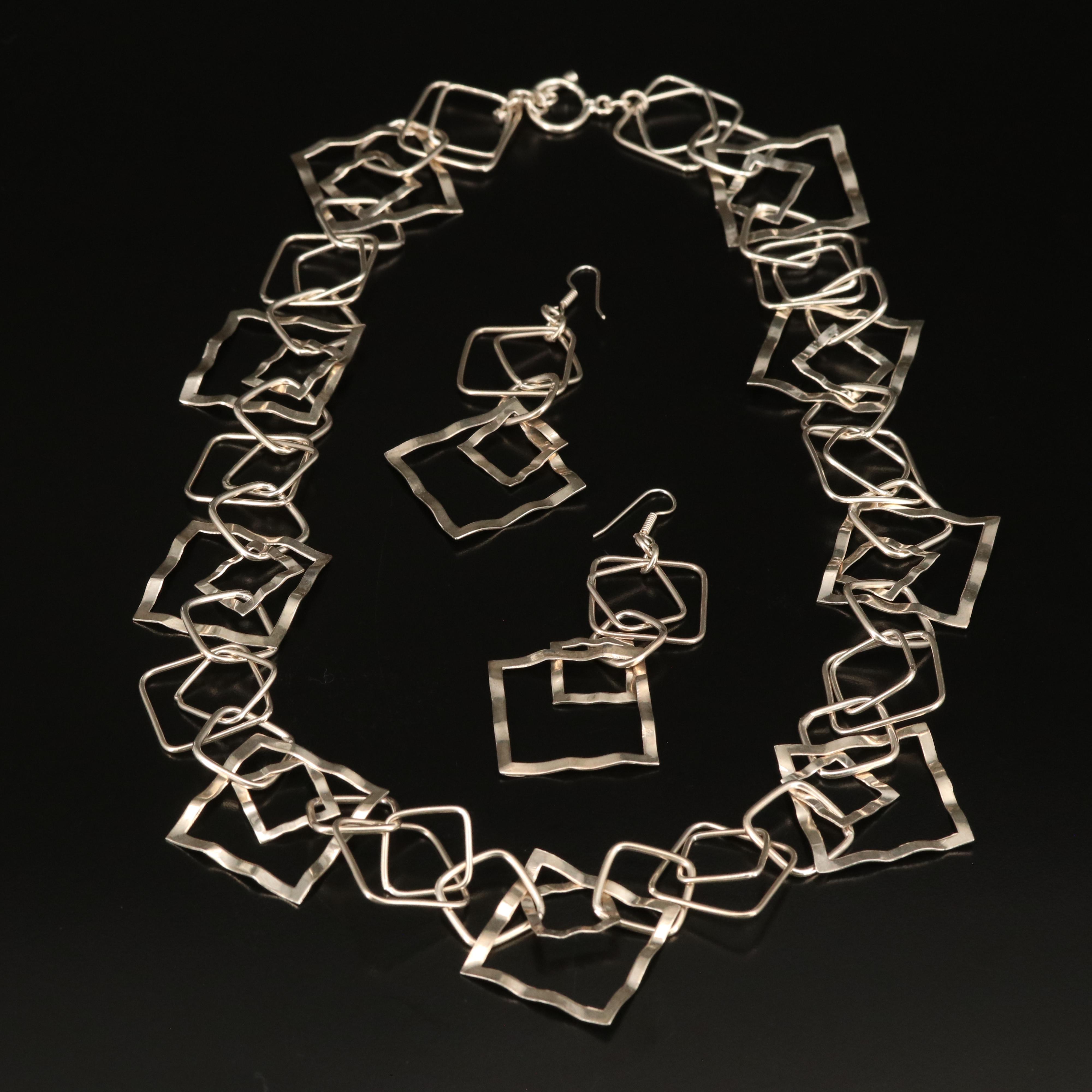 Sterling Square Link Necklace and Earrings