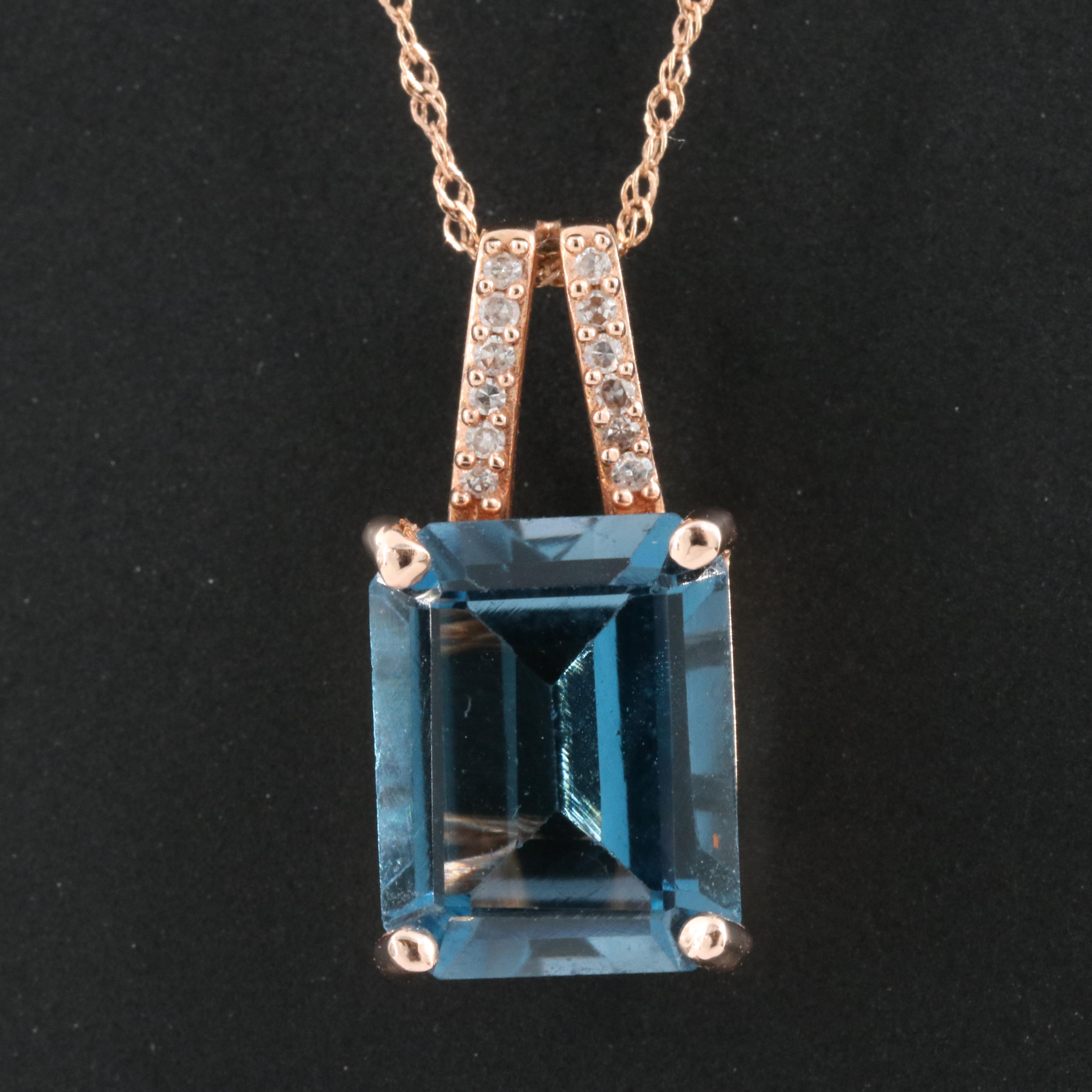 14K Rose Gold London Blue Topaz and Diamond Pendant Necklace