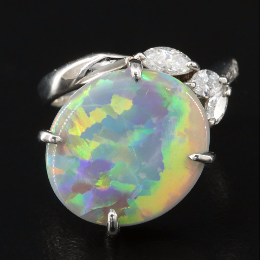 Vintage Platinum Opal and Diamond Ring