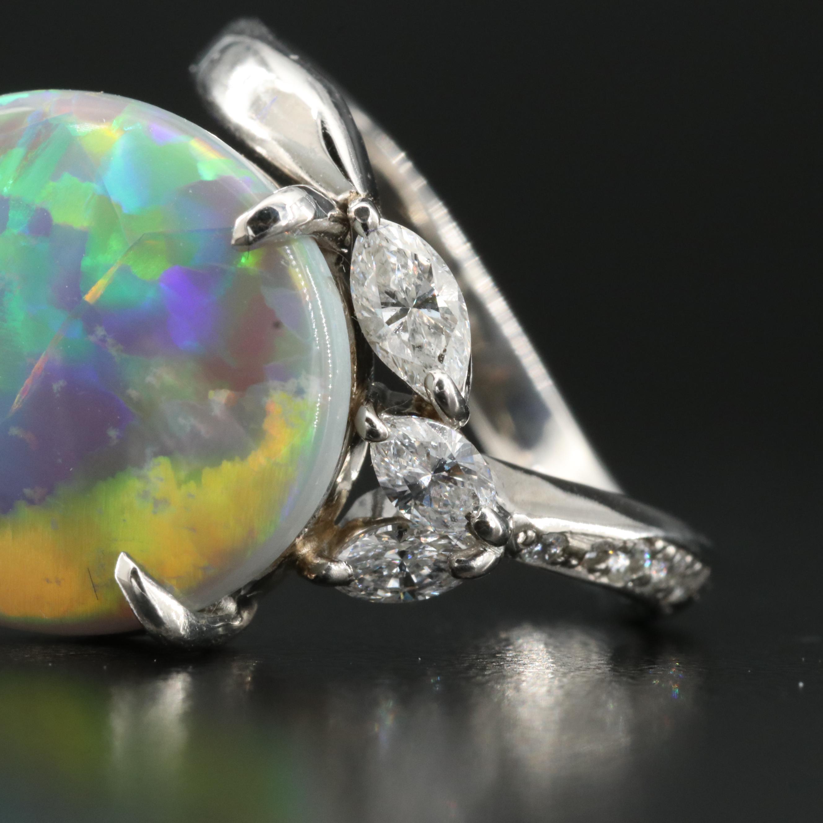 Vintage Platinum Opal and Diamond Ring
