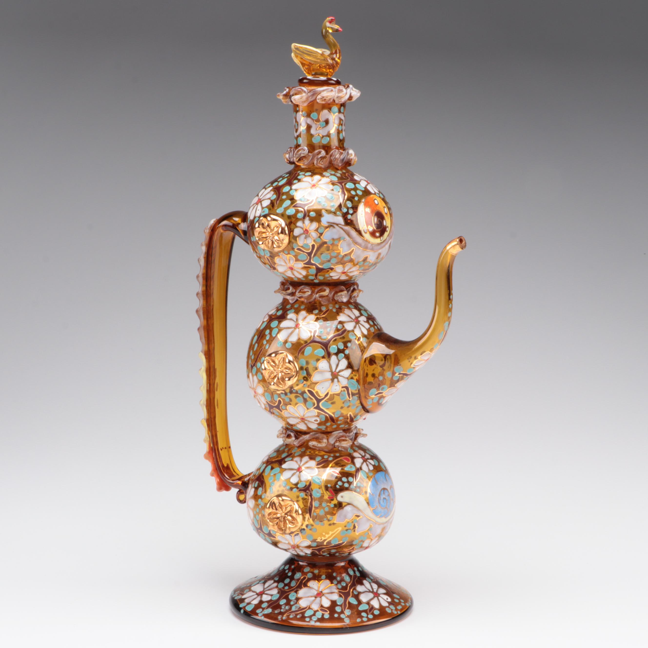 Spanish Moser Style Enameled Glass Ewer