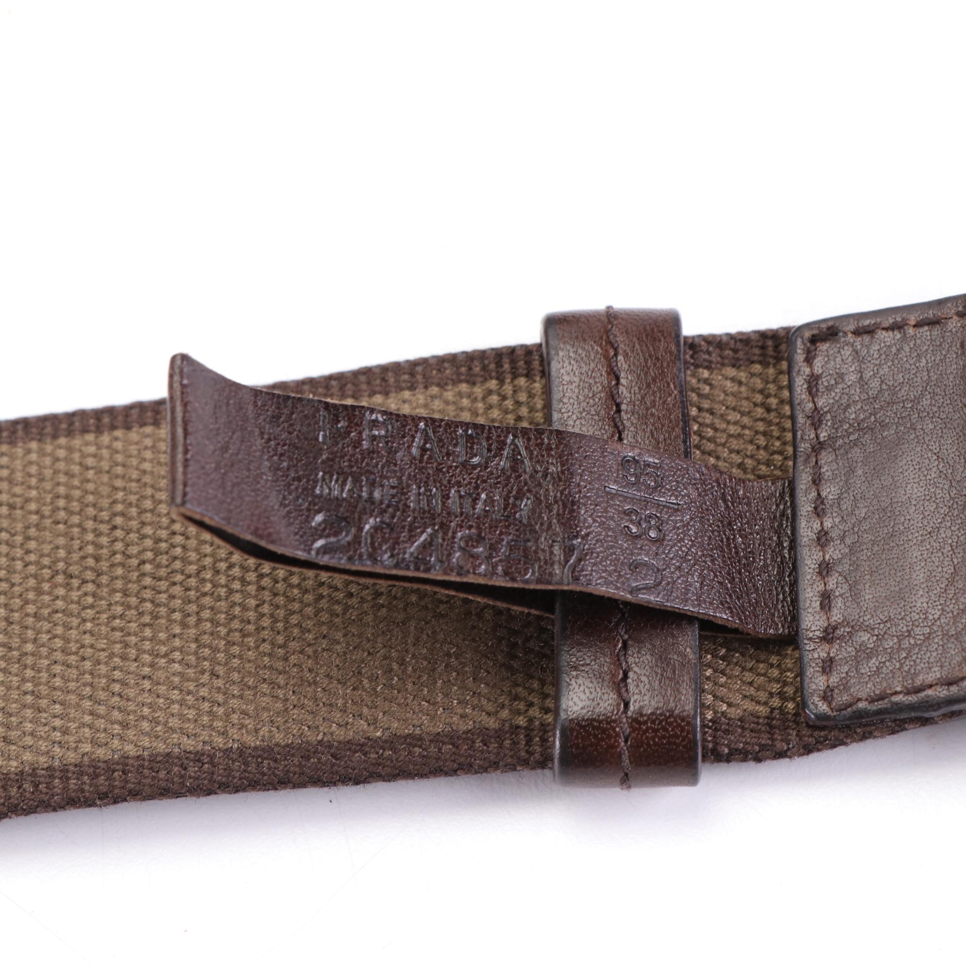 Prada Logo Belt in Cotton Webbing and Dark Brown Leather