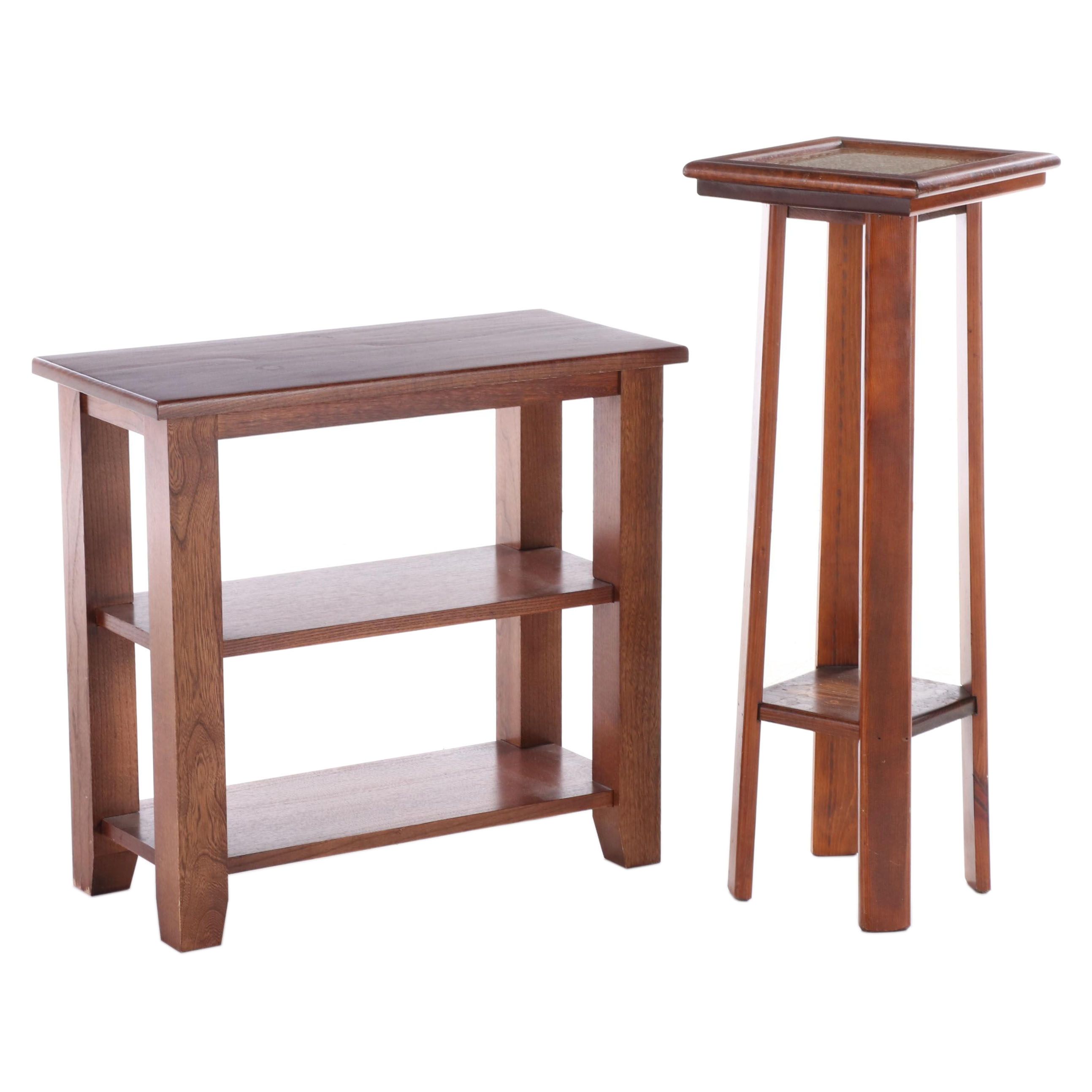 Arts and Crafts Style Oak Side Table Plus Pine and Tile Top Plant Stand