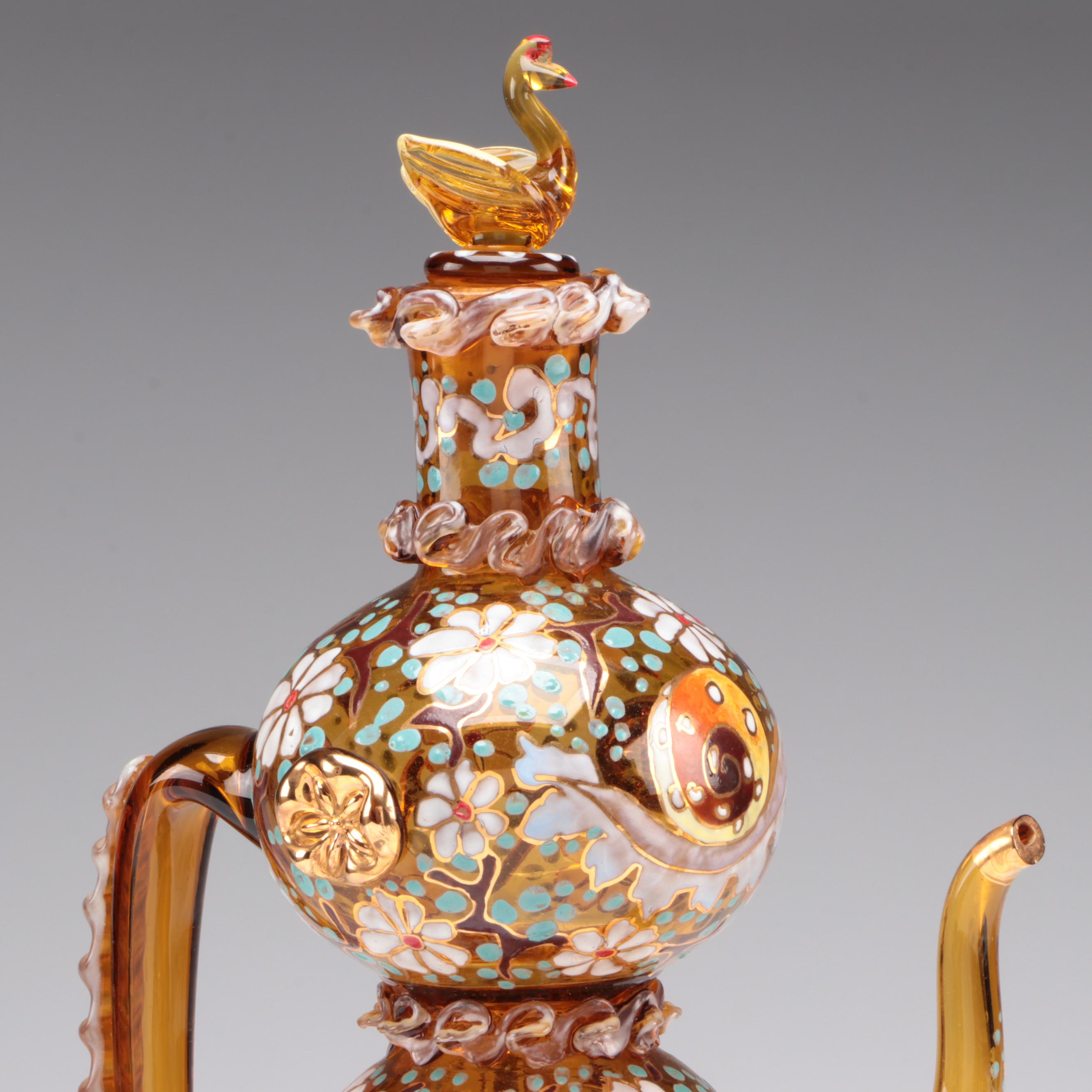 Spanish Moser Style Enameled Glass Ewer