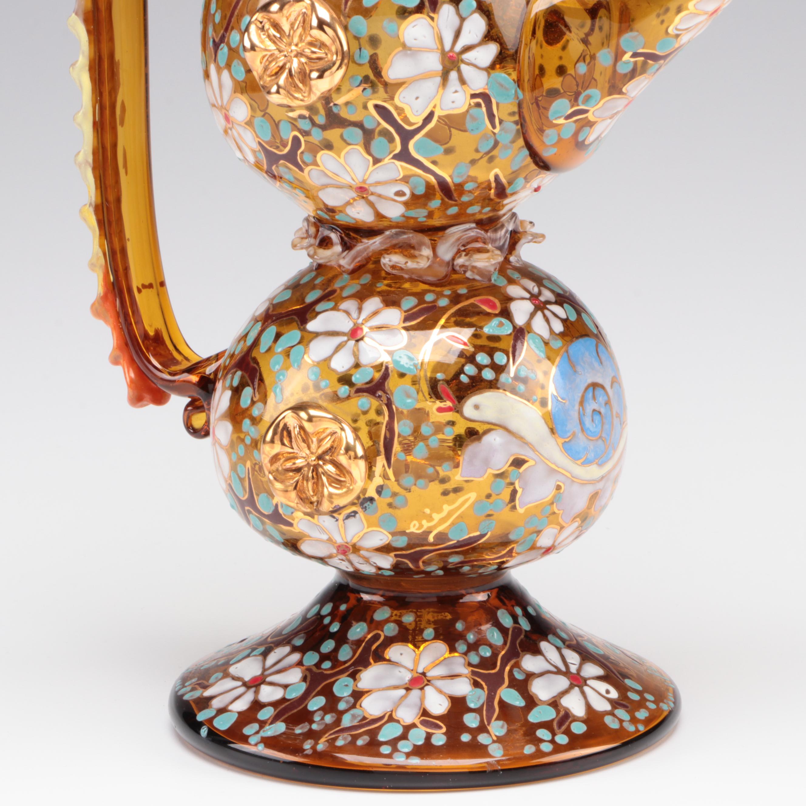 Spanish Moser Style Enameled Glass Ewer
