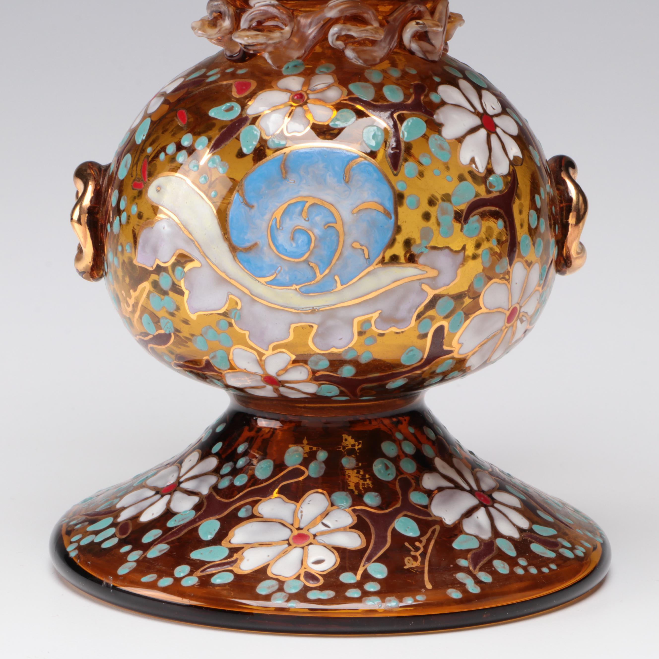 Spanish Moser Style Enameled Glass Ewer