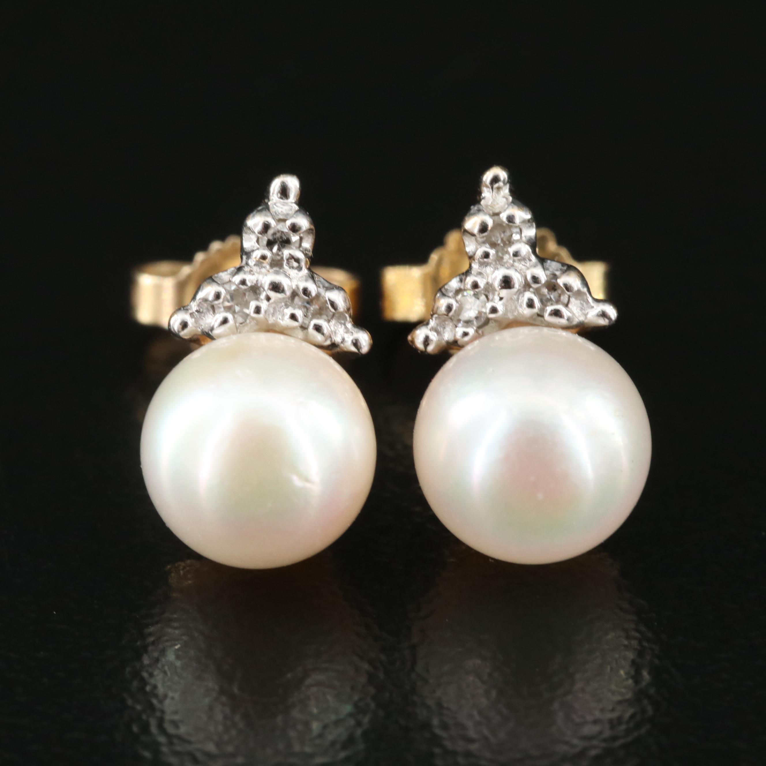 14K Pearl and Diamond Stud Earrings
