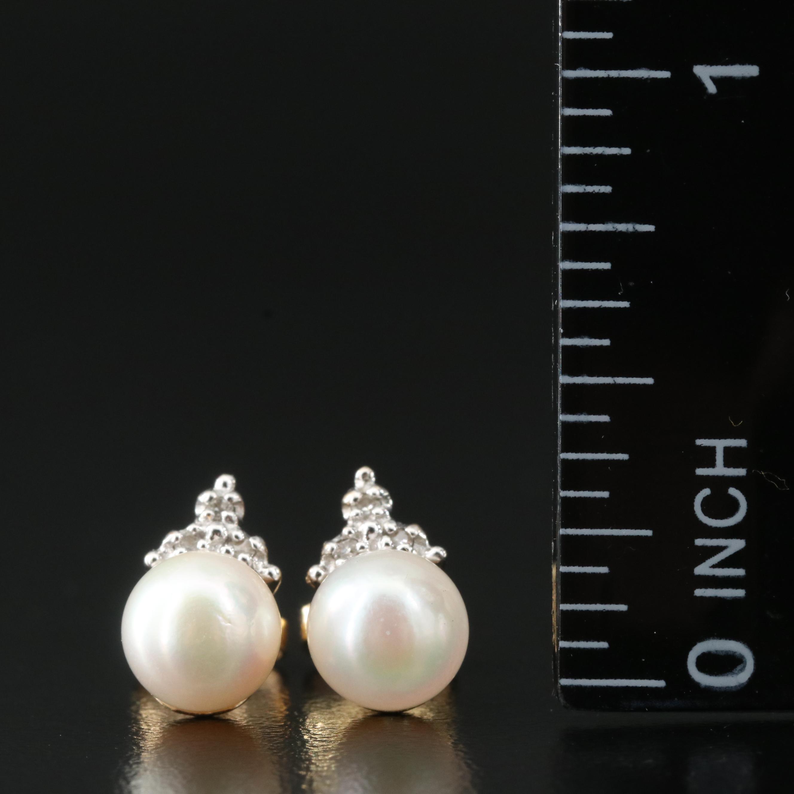 14K Pearl and Diamond Stud Earrings