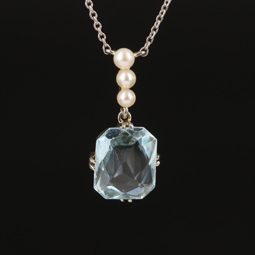 Vintage 14K and Sterling Aquamarine and Seed Pearl Necklace