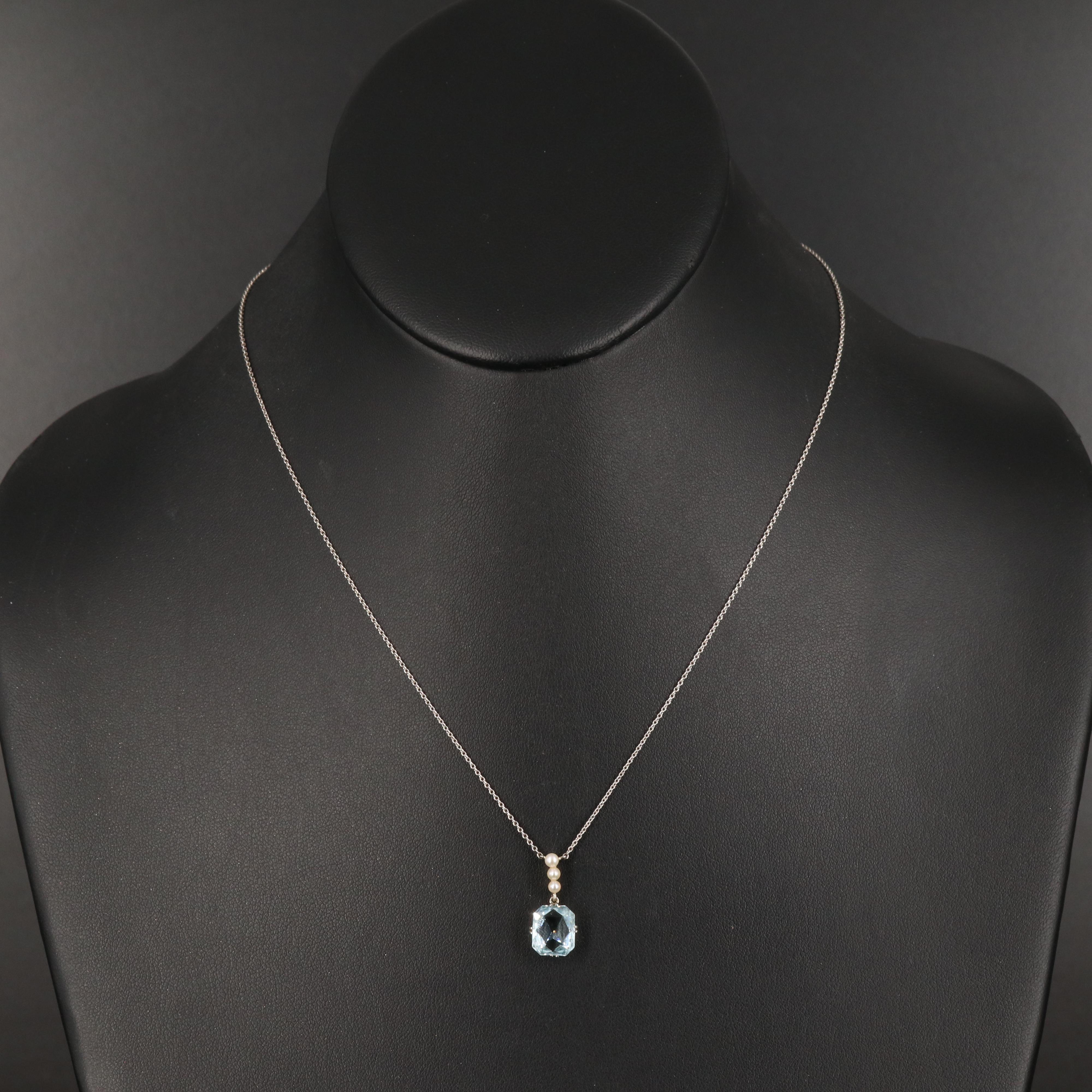 Vintage 14K and Sterling Aquamarine and Seed Pearl Necklace