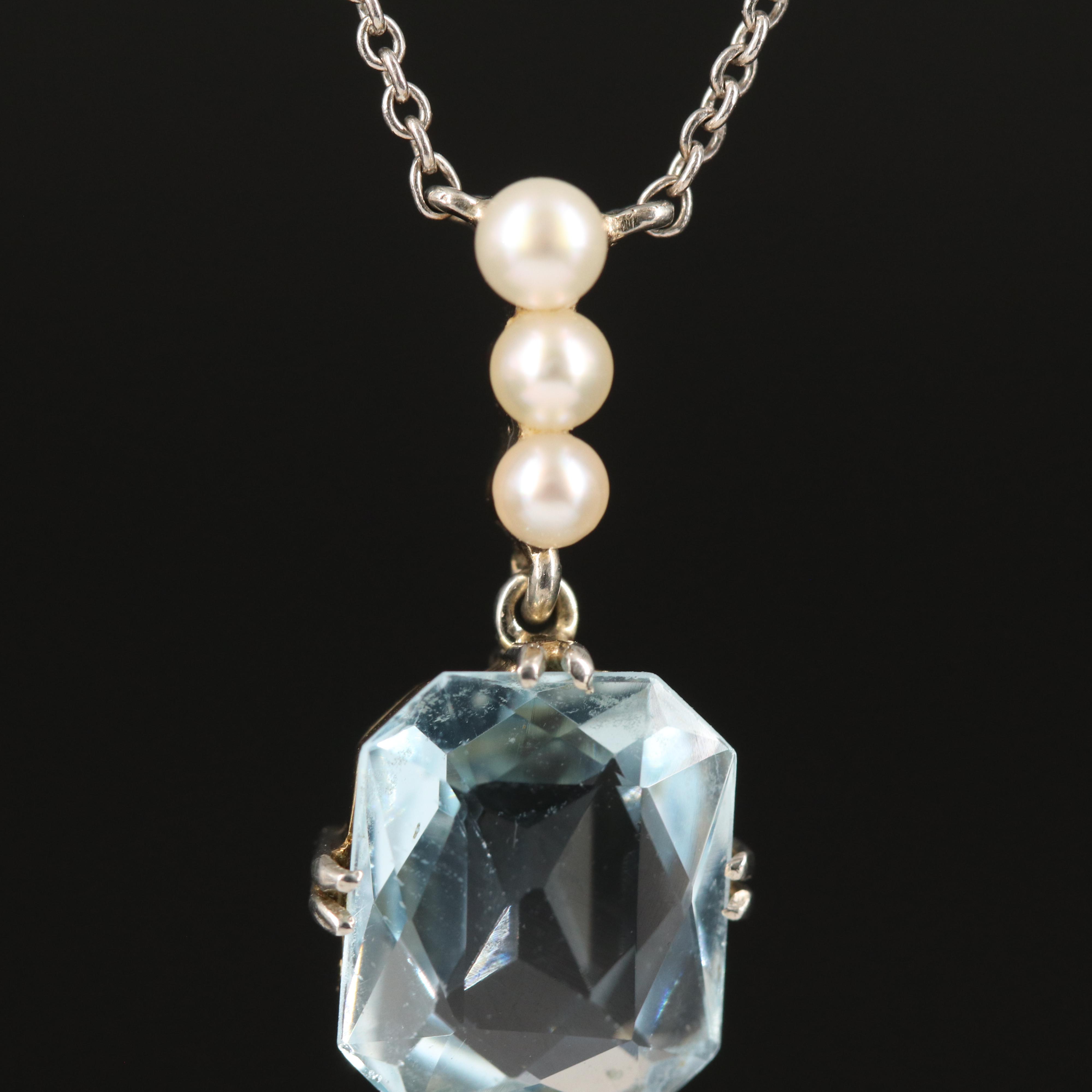 Vintage 14K and Sterling Aquamarine and Seed Pearl Necklace