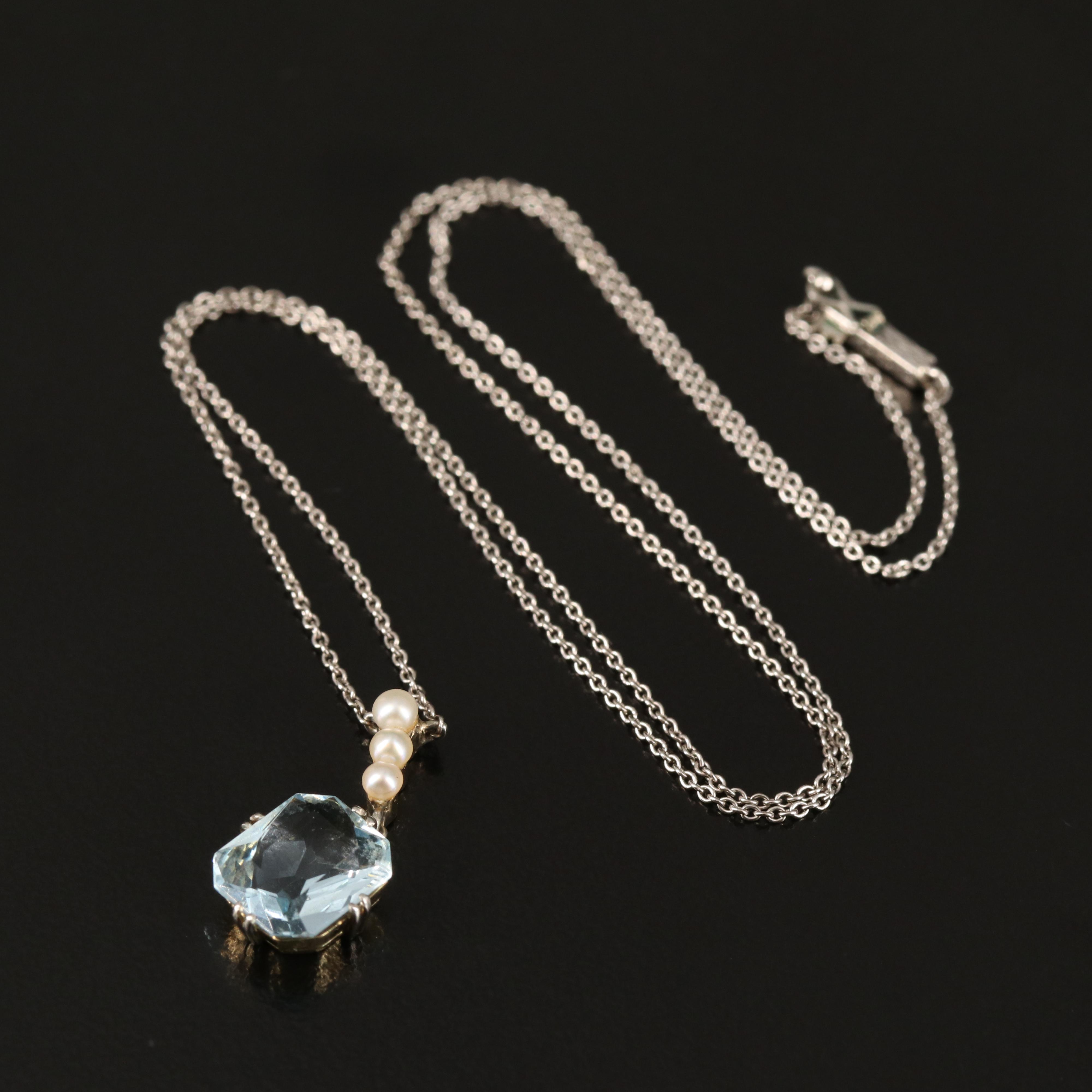 Vintage 14K and Sterling Aquamarine and Seed Pearl Necklace