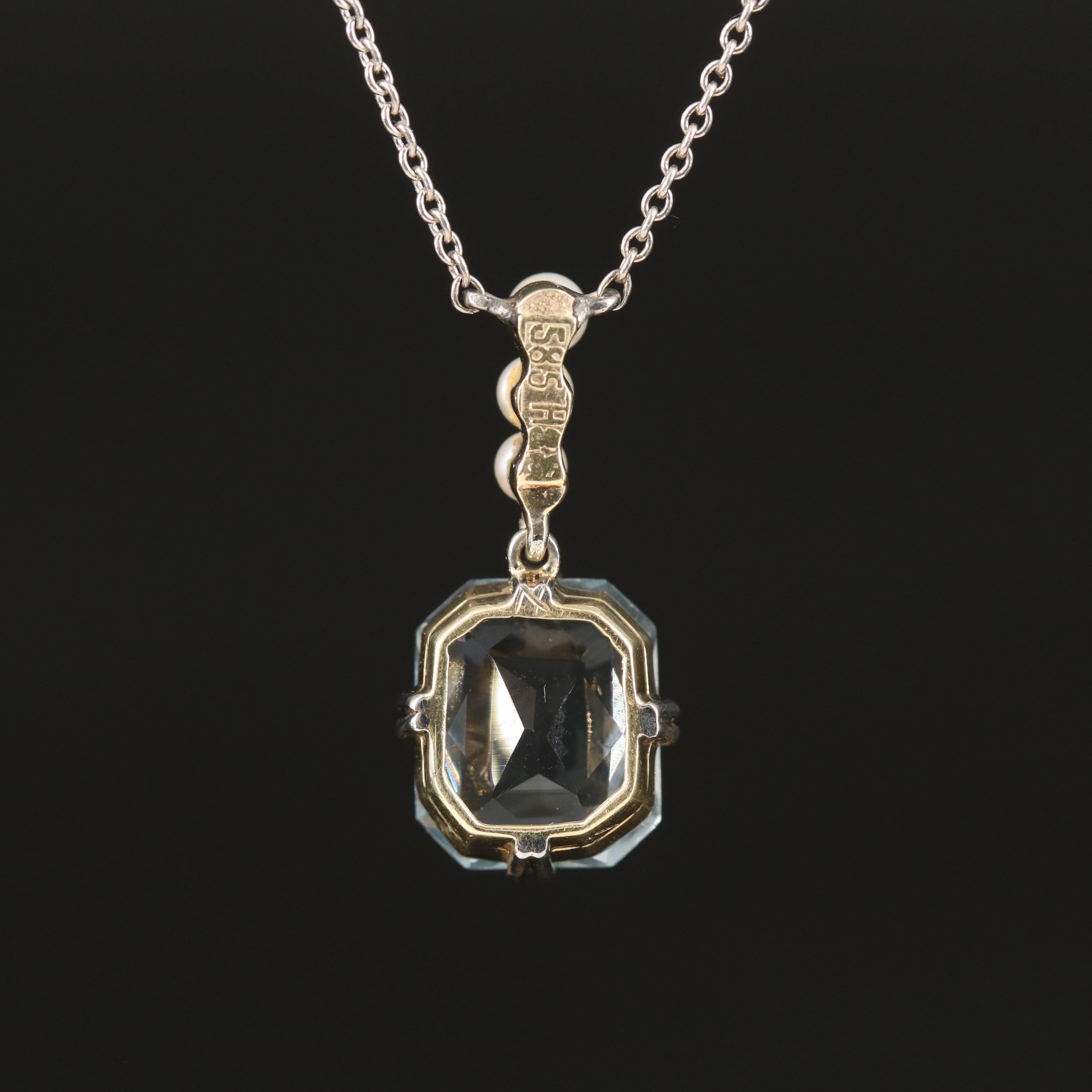 Vintage 14K and Sterling Aquamarine and Seed Pearl Necklace