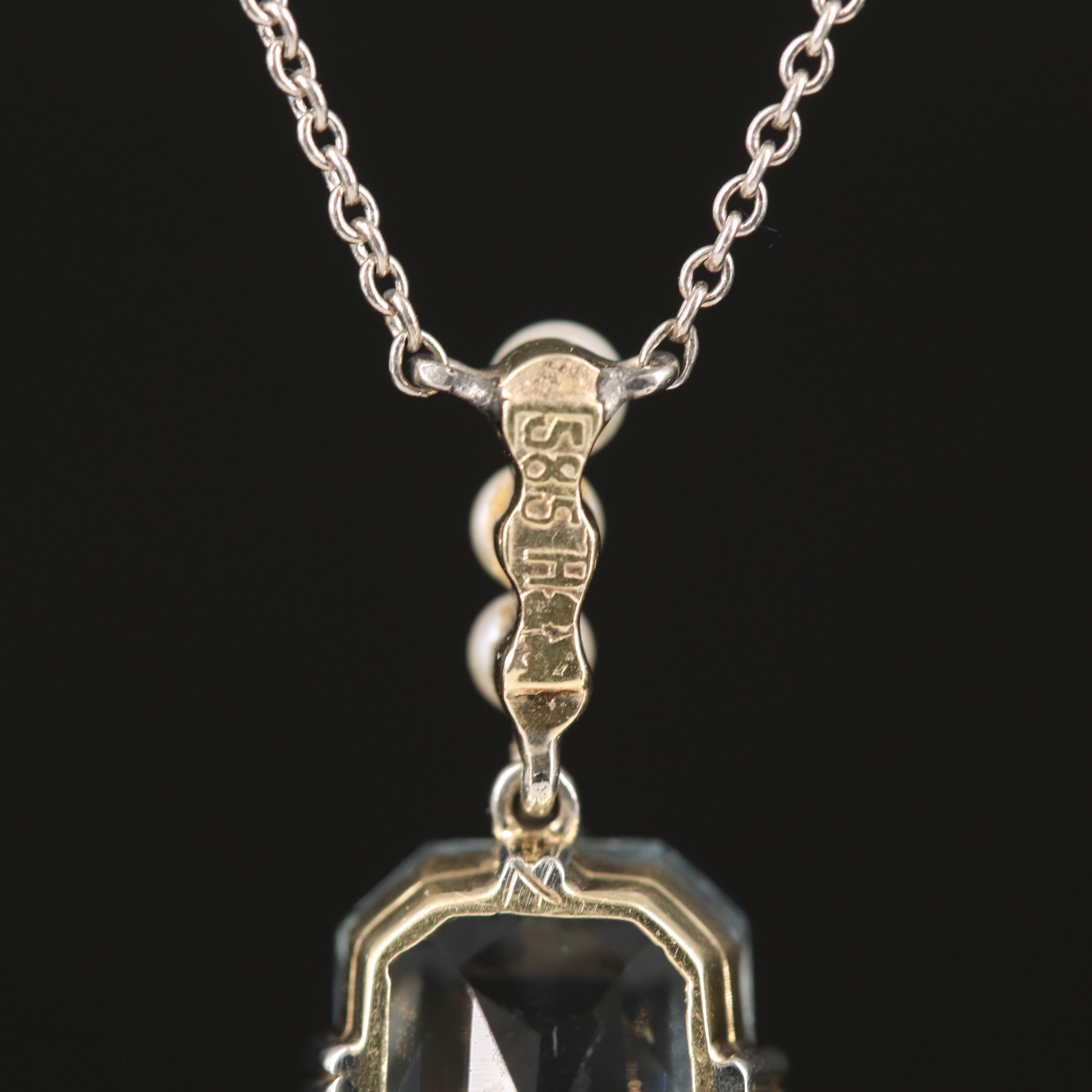 Vintage 14K and Sterling Aquamarine and Seed Pearl Necklace