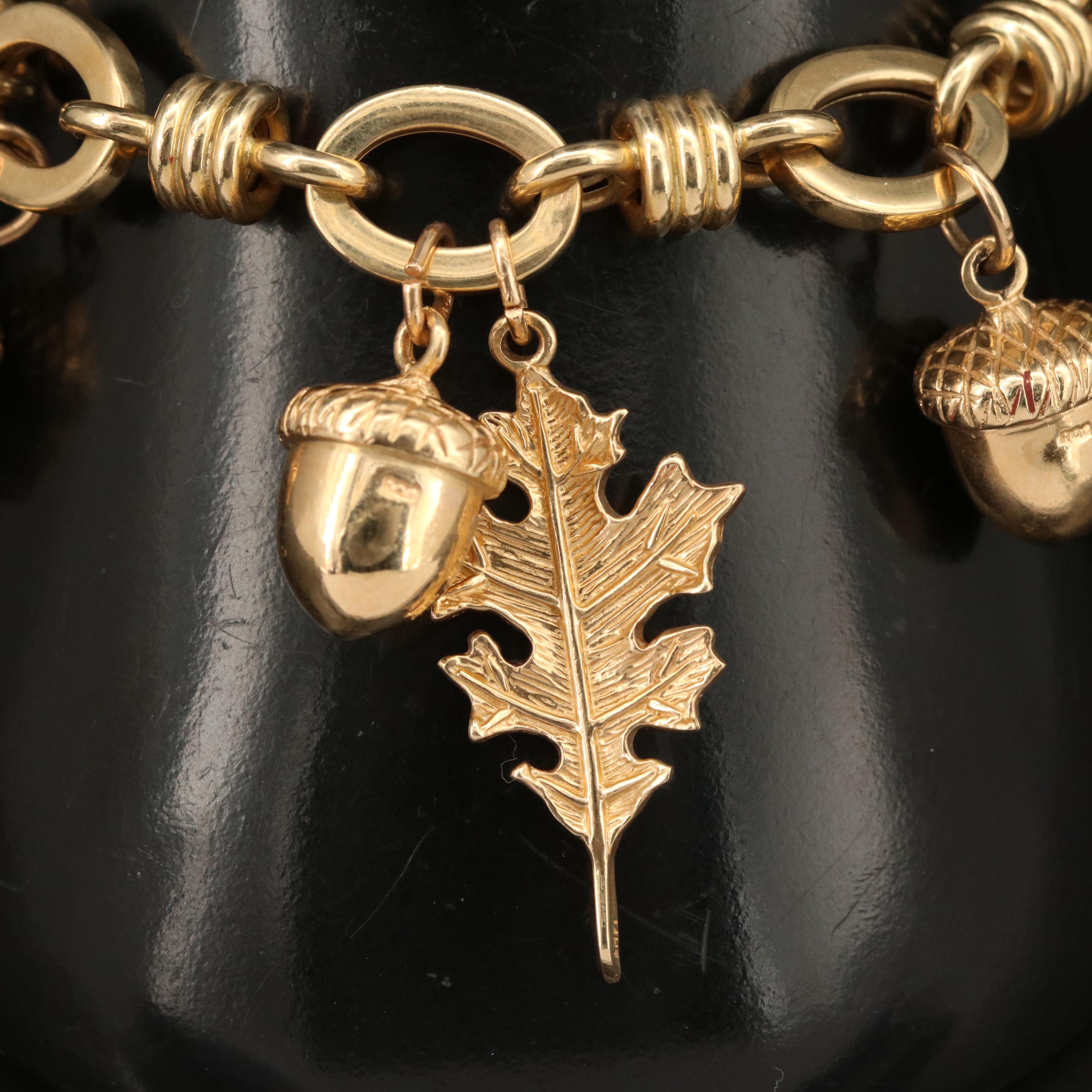 Italian 14K Acorn and Oak Leaf Charm Bracelet
