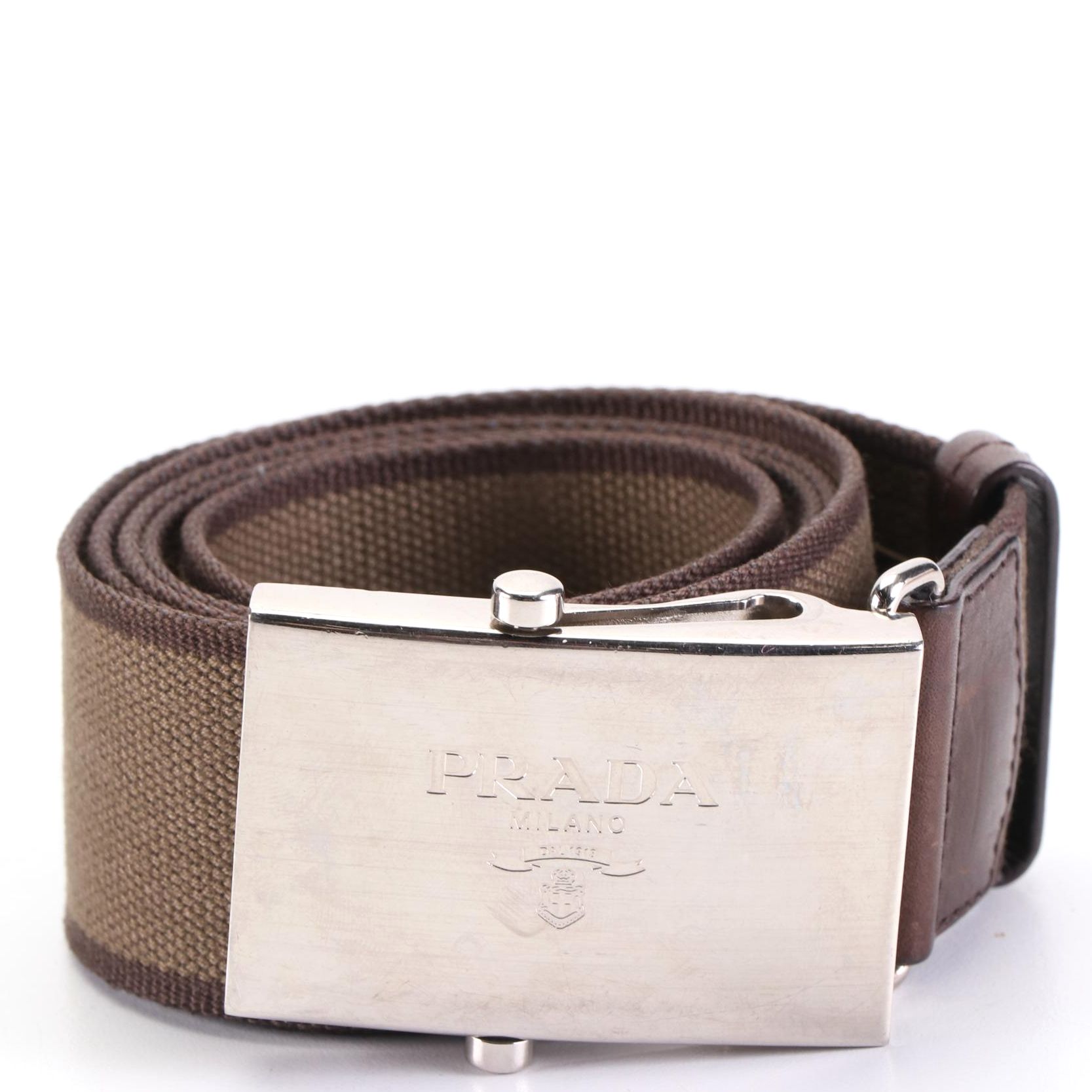 Prada Logo Belt in Cotton Webbing and Dark Brown Leather