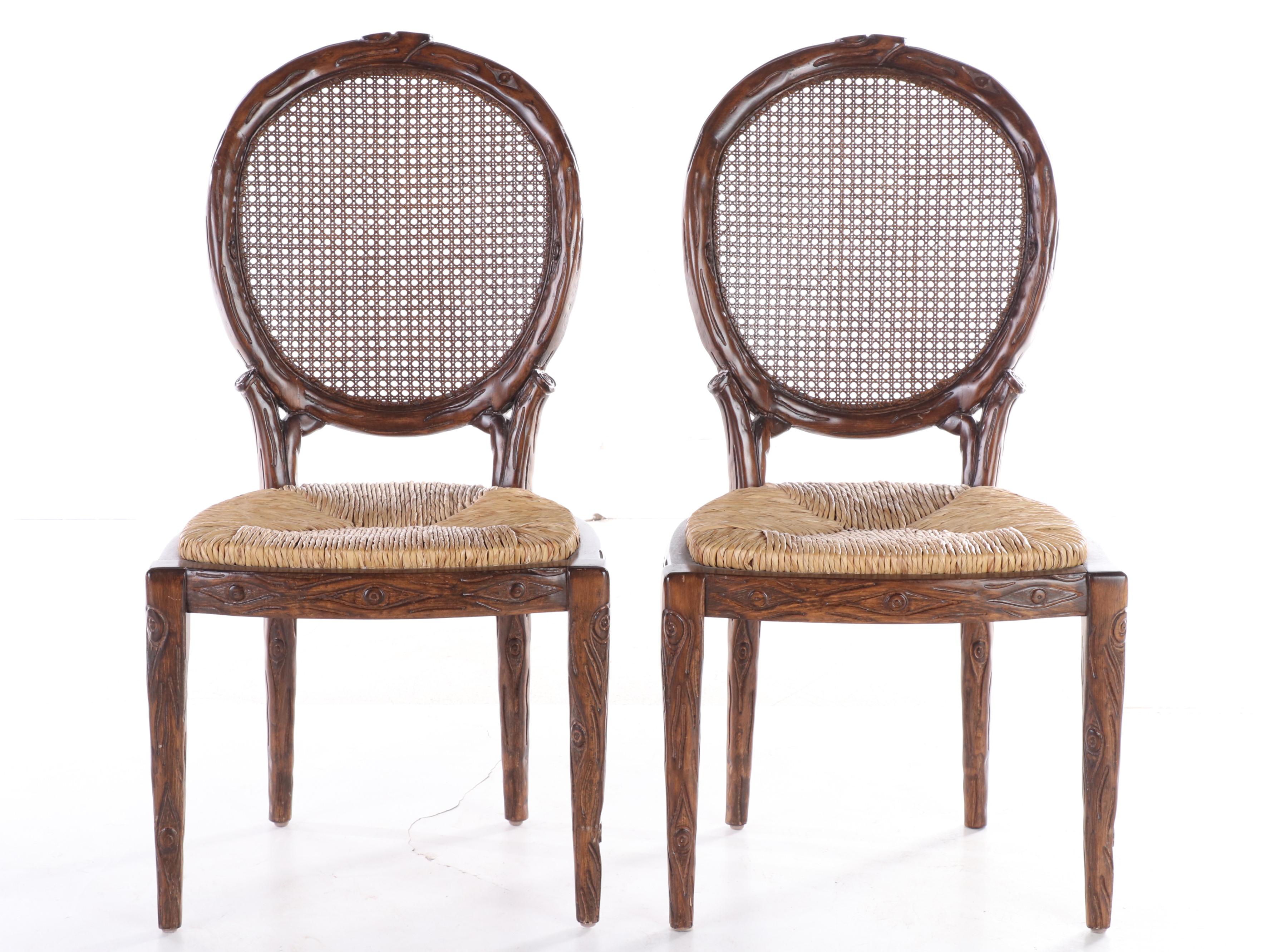 Pair of Carved Beech "Faux Bois" Side Chairs, Manner of McGuire