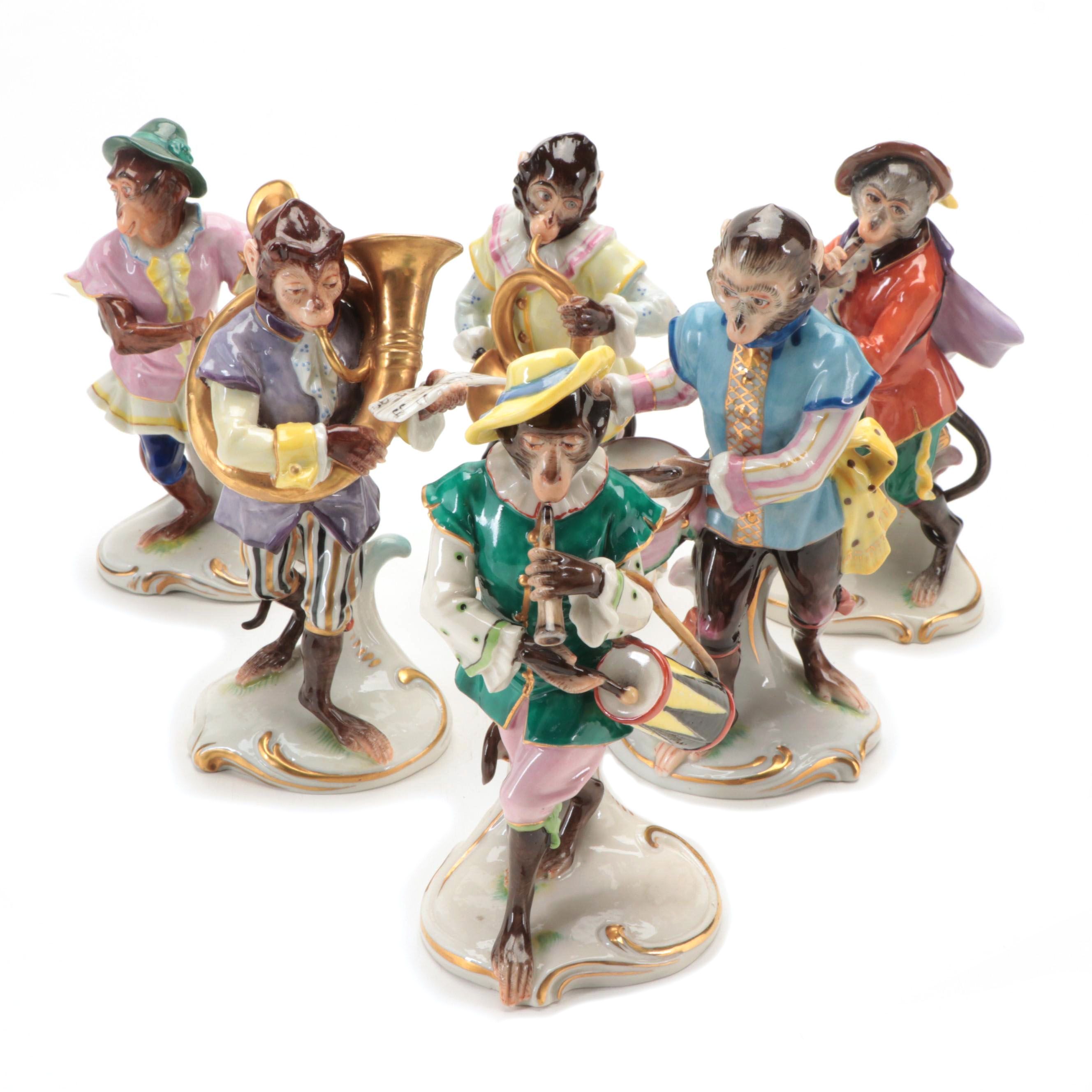 Aelteste Volkstedter Porcelain Monkey Band Figurines, Mid-20th Century