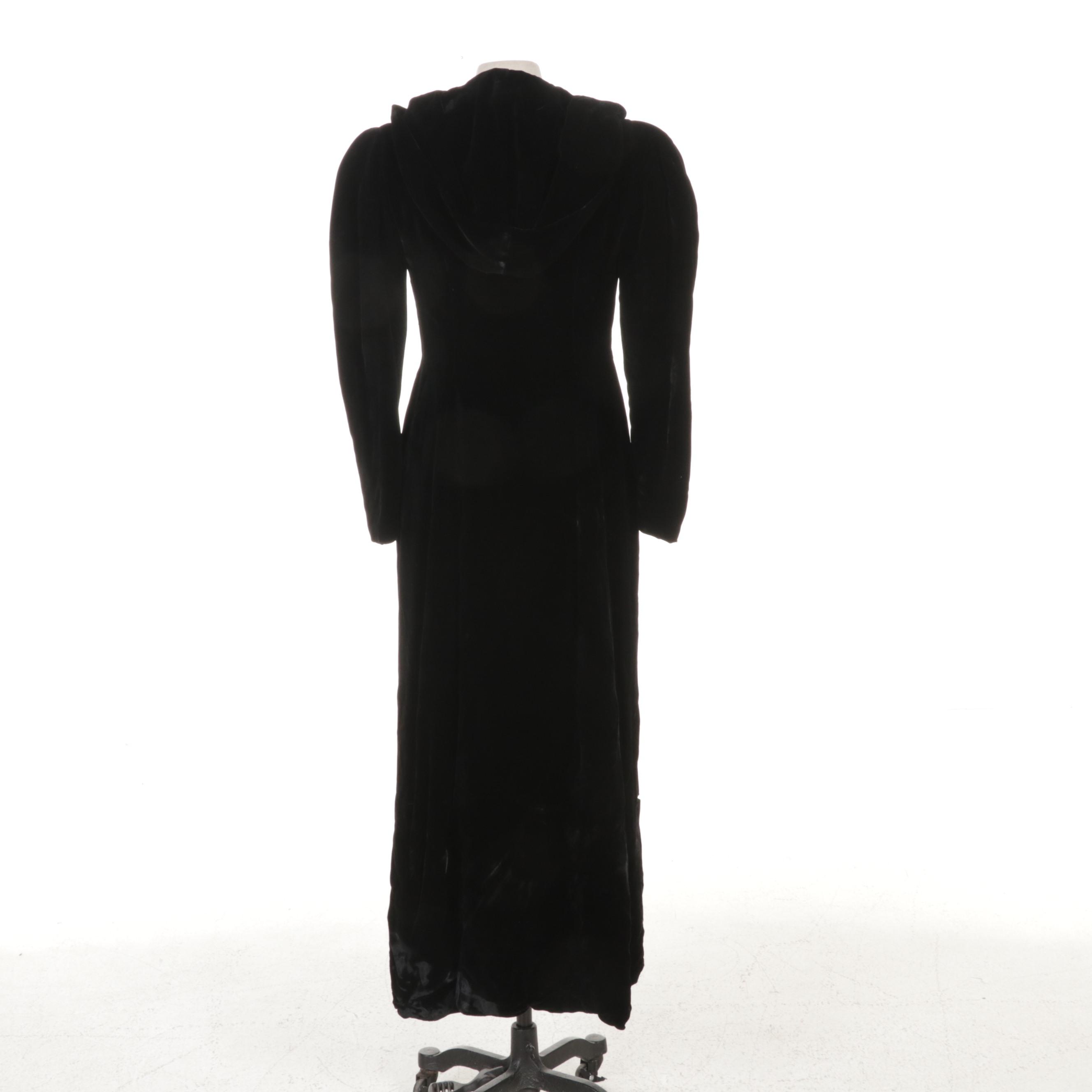 Black Velveteen Hooded Full-Length Opera Coat