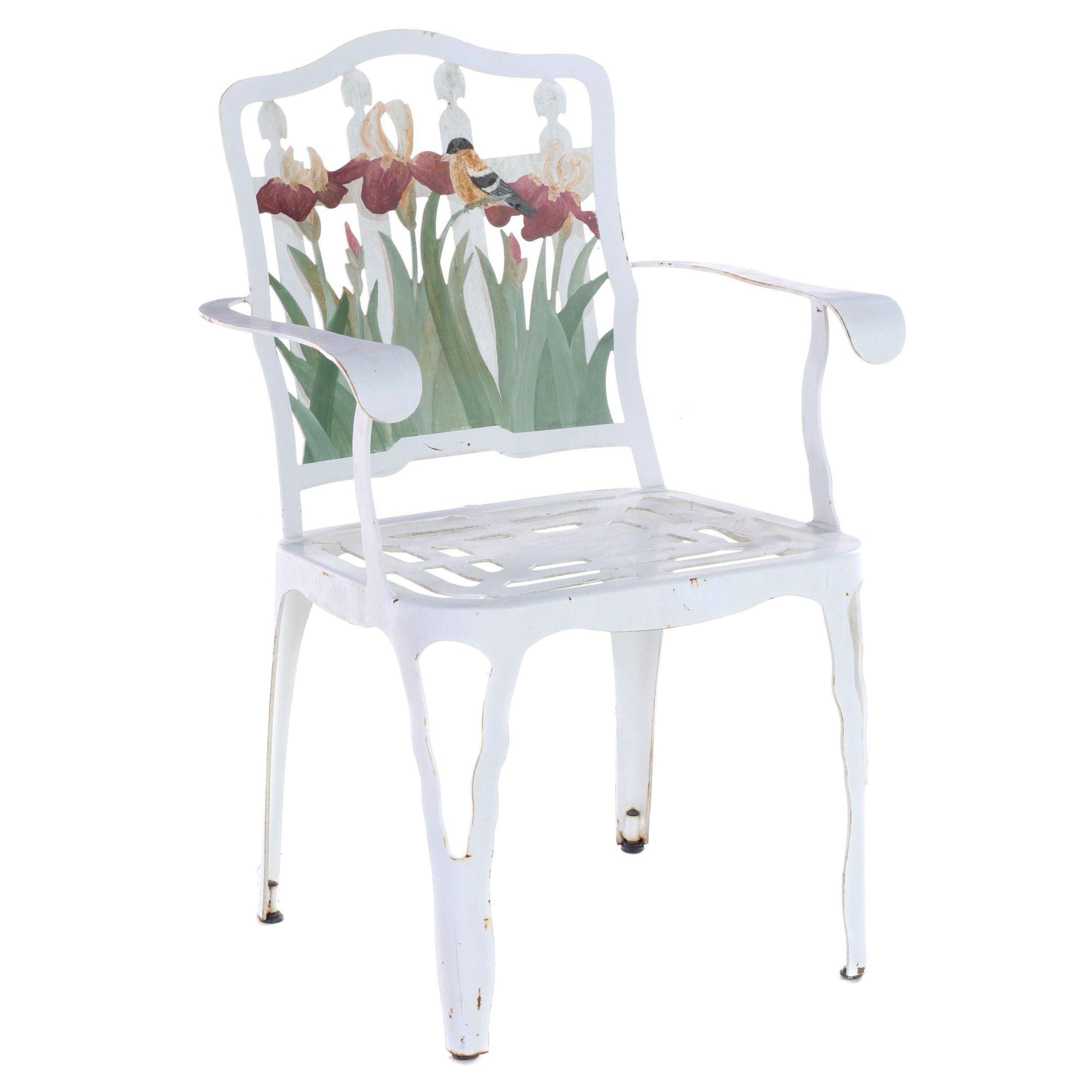 Paint-Decorated Metal Armchair with Floral and Bird Motifs