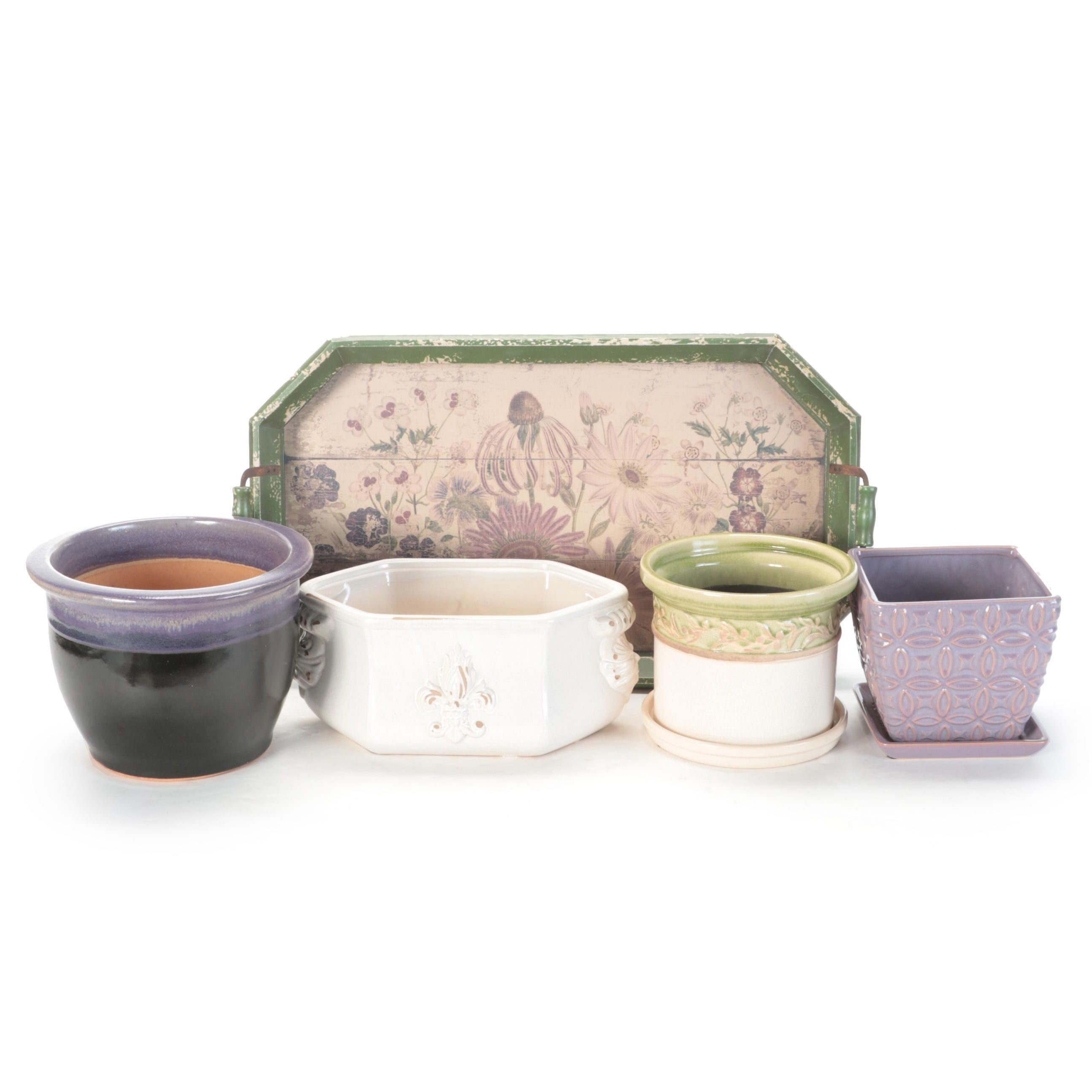 Painted Distressed Wooden Tray with Earthenware Planters