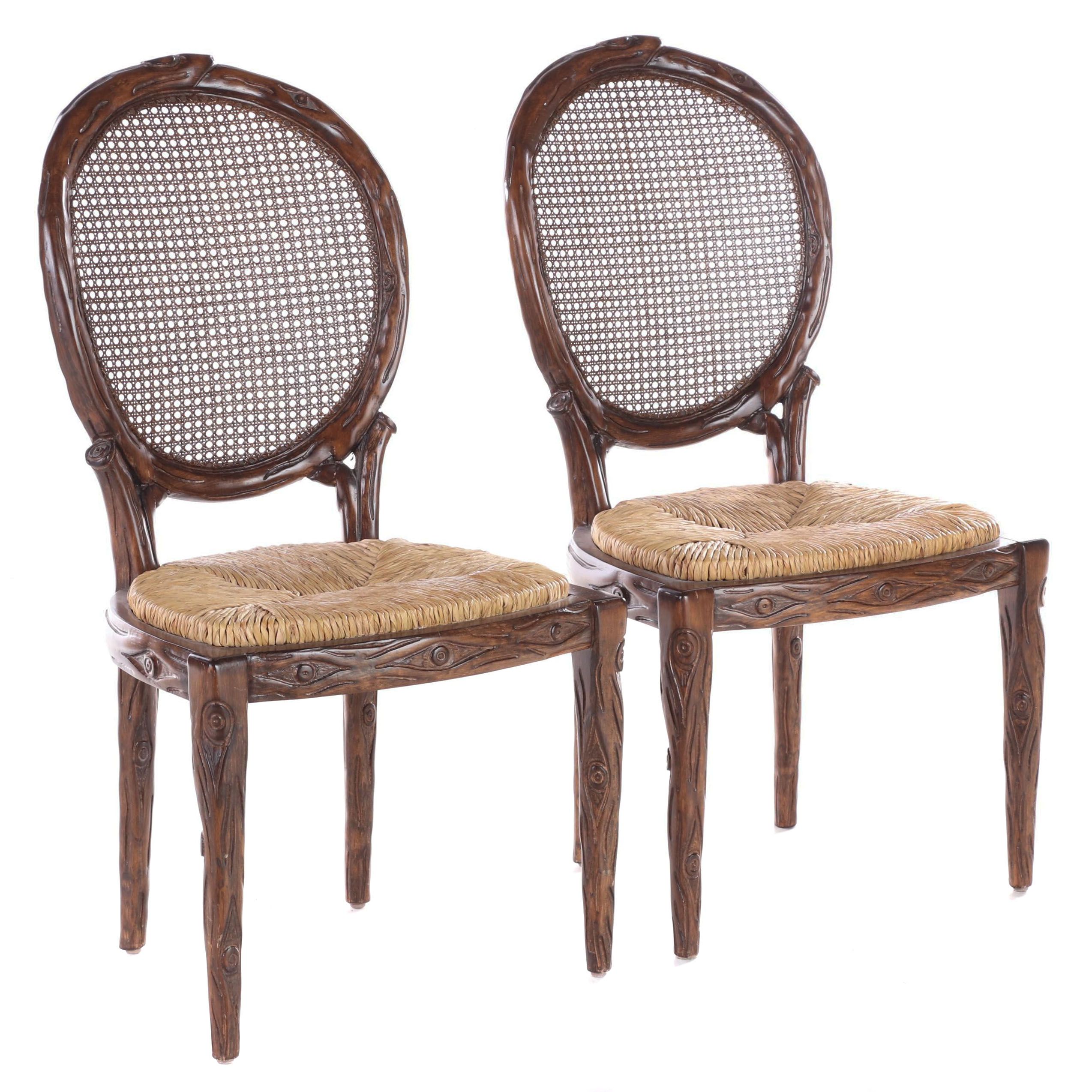 Pair of Carved Beech "Faux Bois" Side Chairs, Manner of McGuire