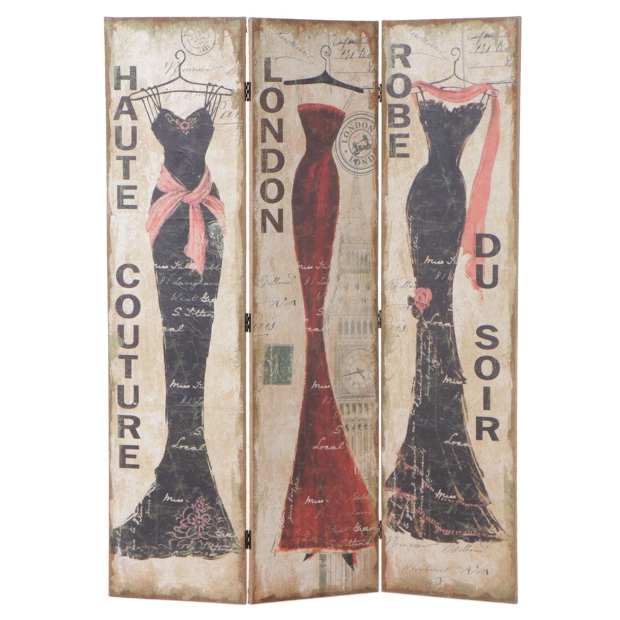 "Haute Couture" Transfer Print-on-Burlap Three-Panel Folding Screen