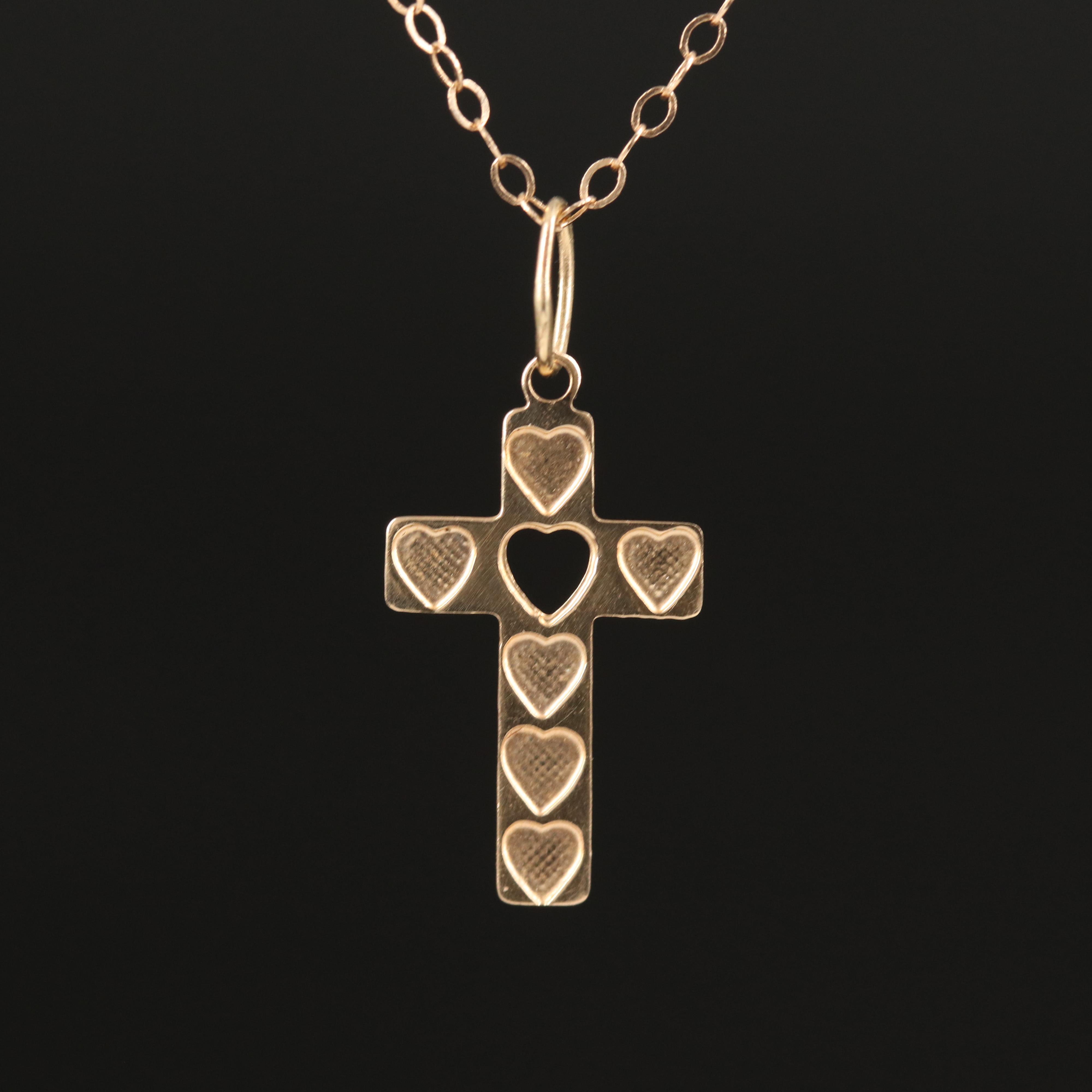 14K Cross Pendant Necklace with Heart Details