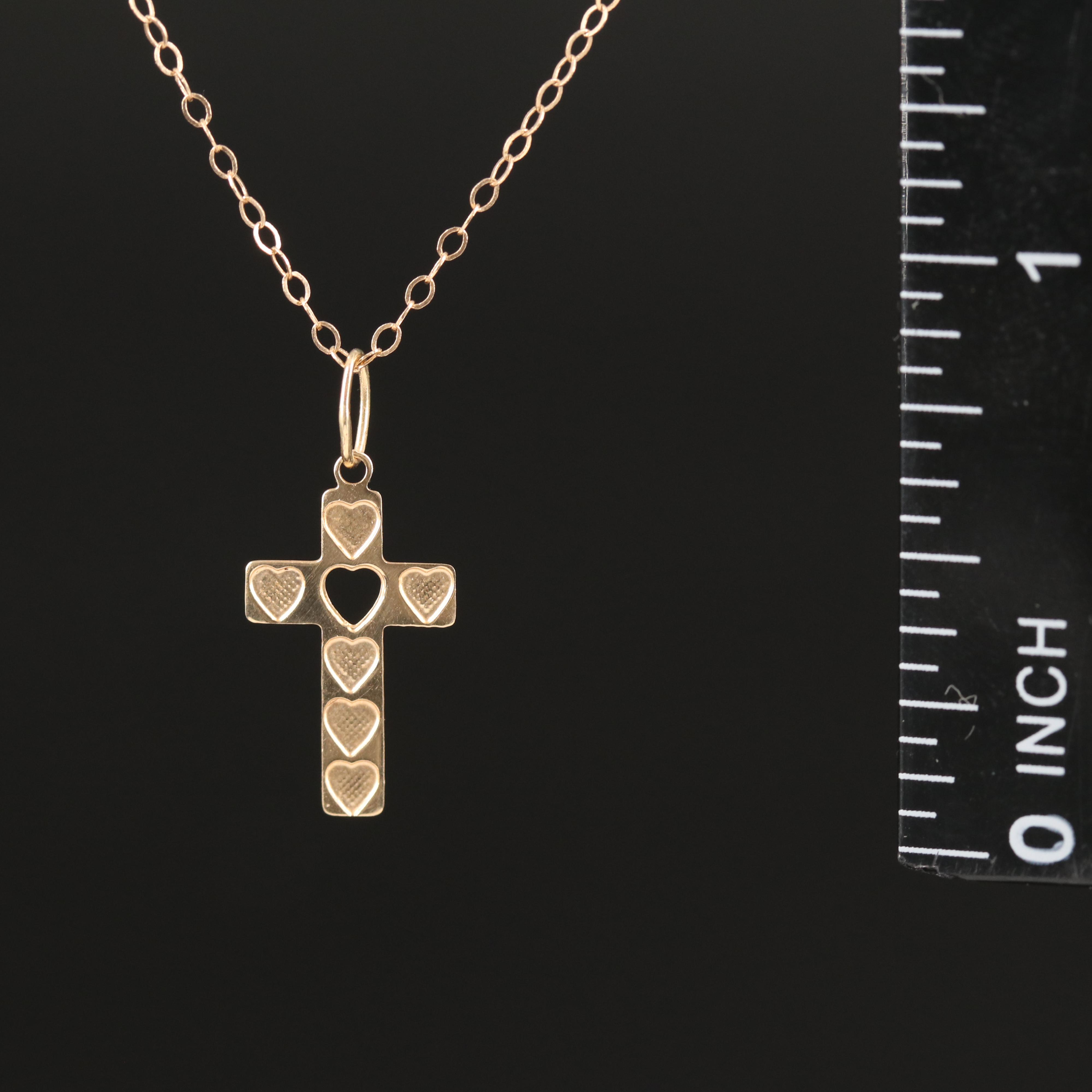 14K Cross Pendant Necklace with Heart Details
