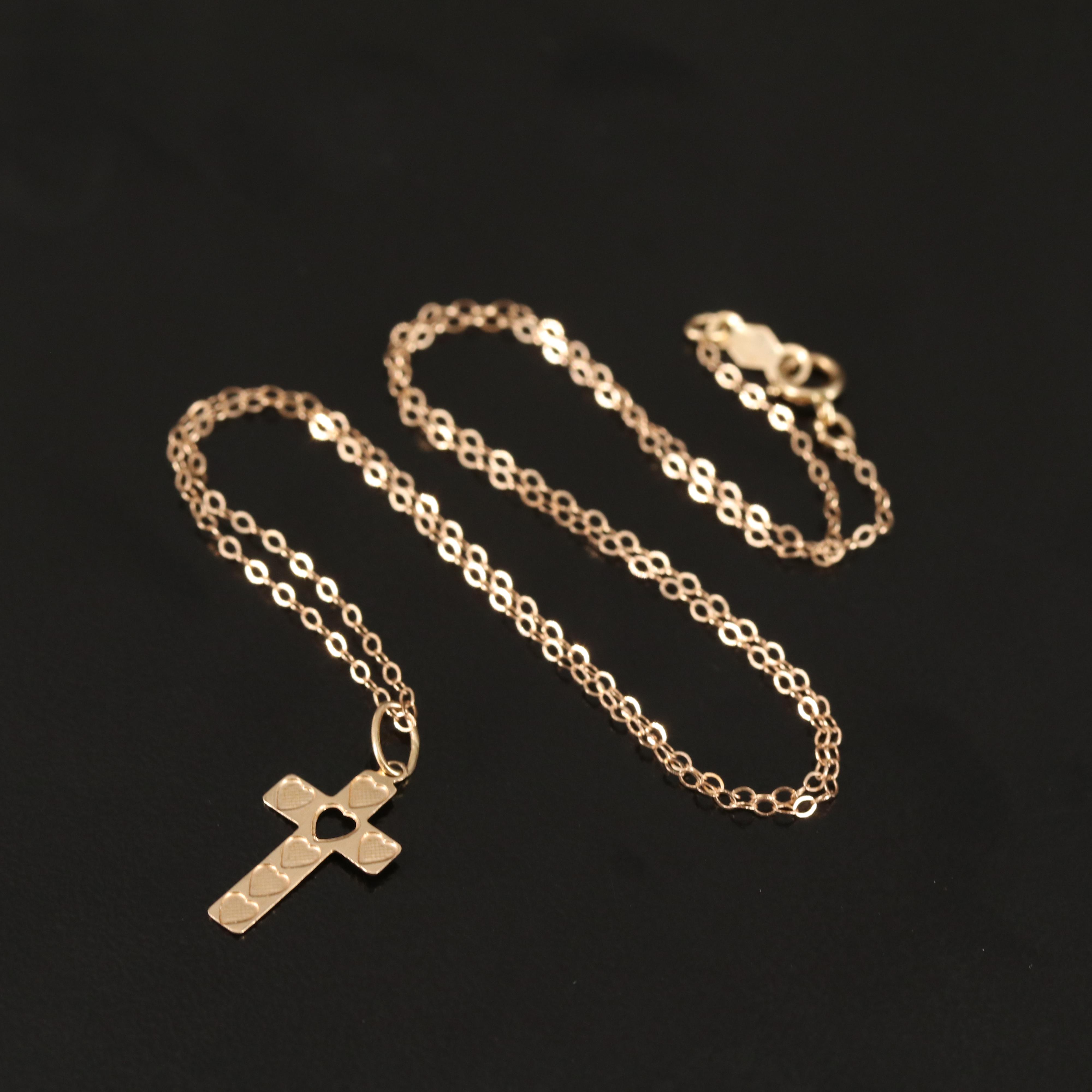 14K Cross Pendant Necklace with Heart Details