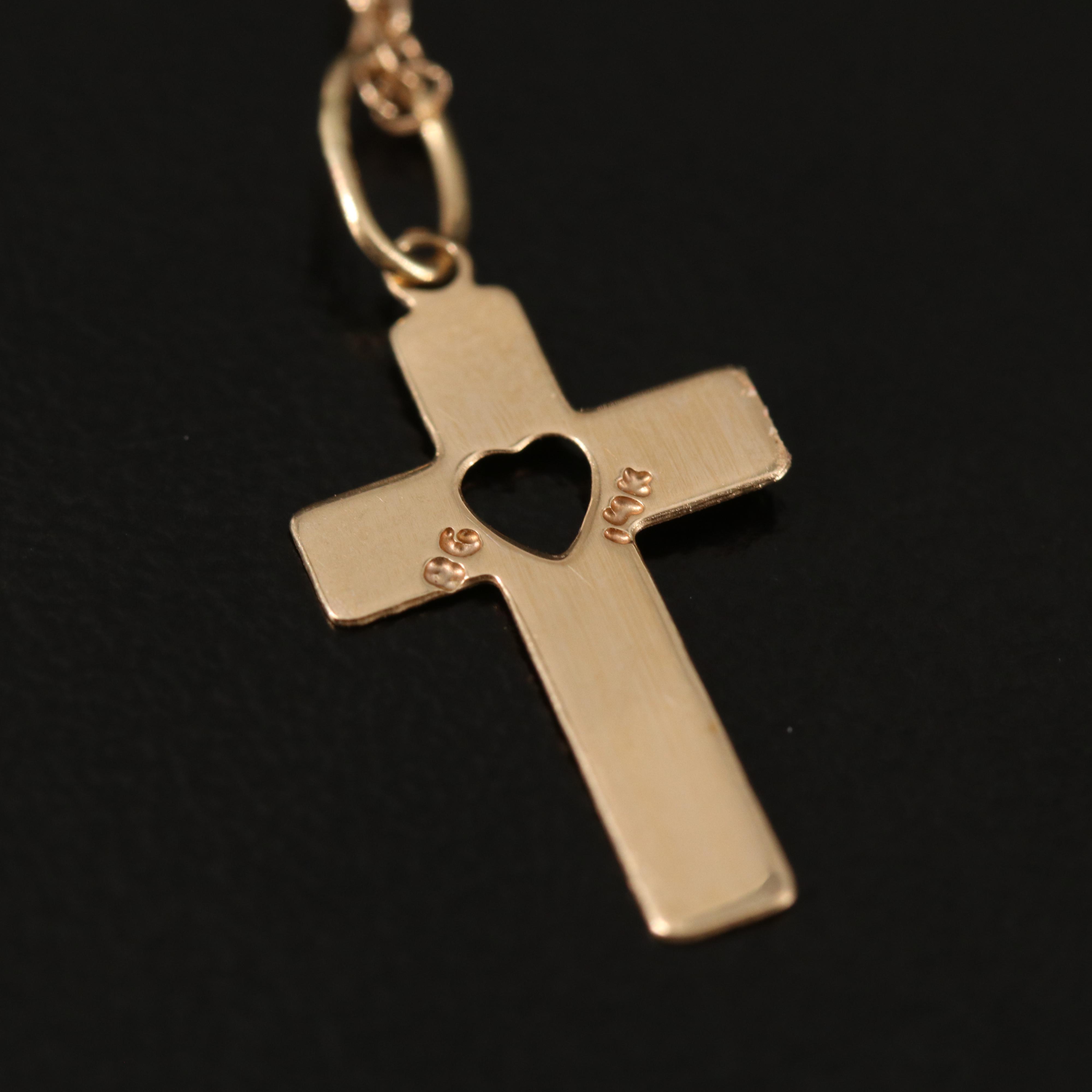 14K Cross Pendant Necklace with Heart Details
