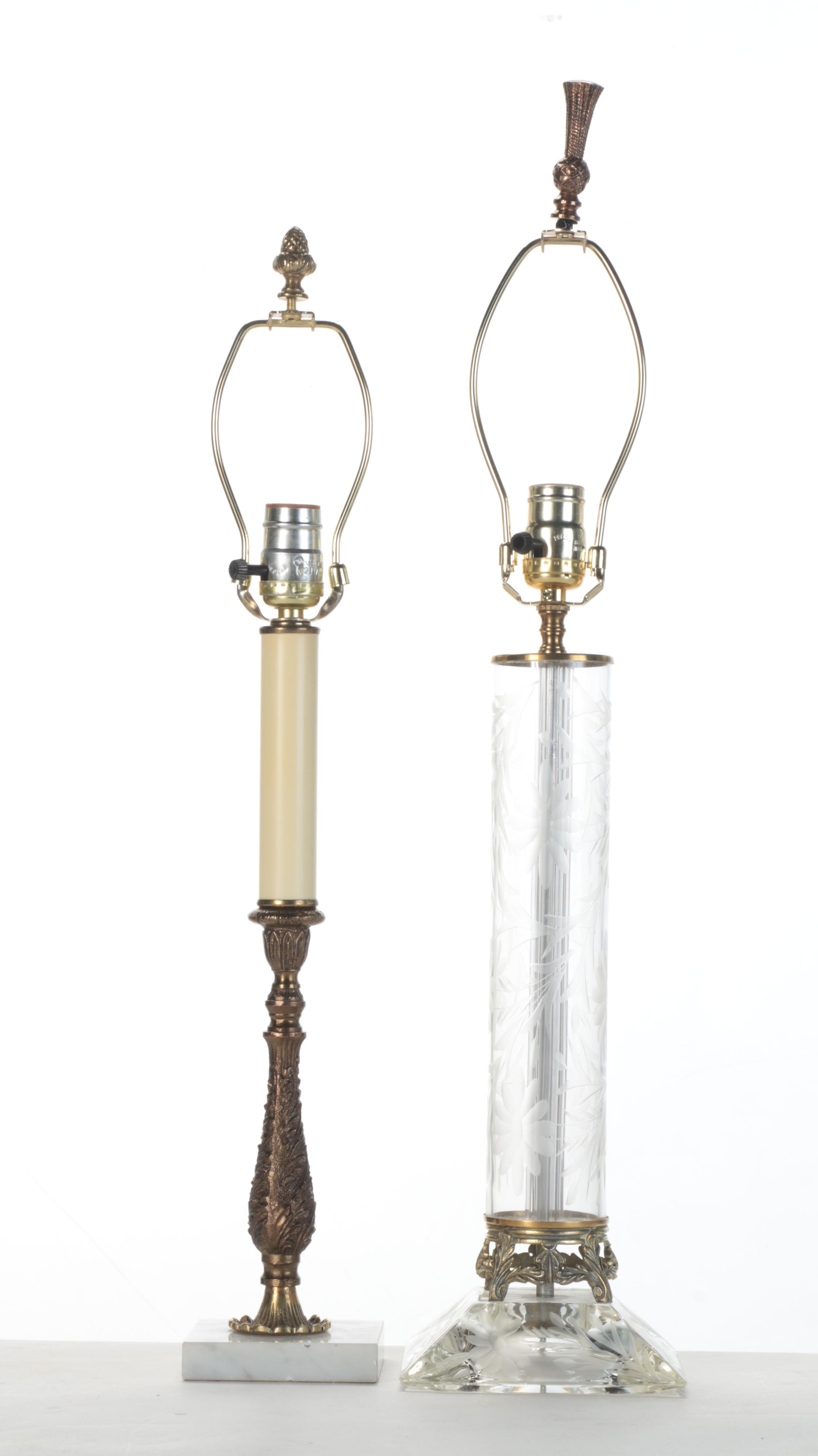 Etched Glass, Brass and Marble Table Lamps, Mid to Late 20th Century