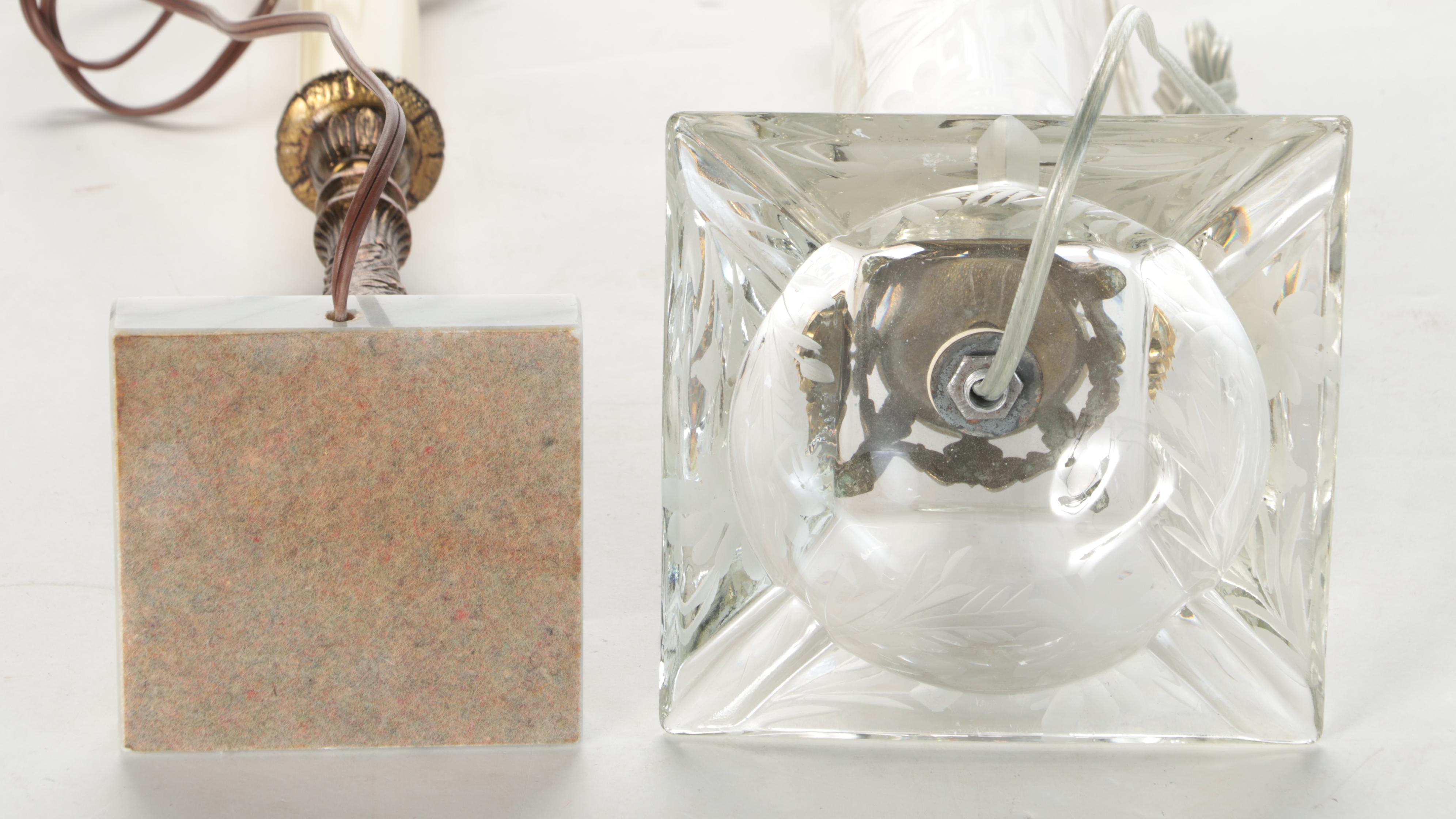 Etched Glass, Brass and Marble Table Lamps, Mid to Late 20th Century