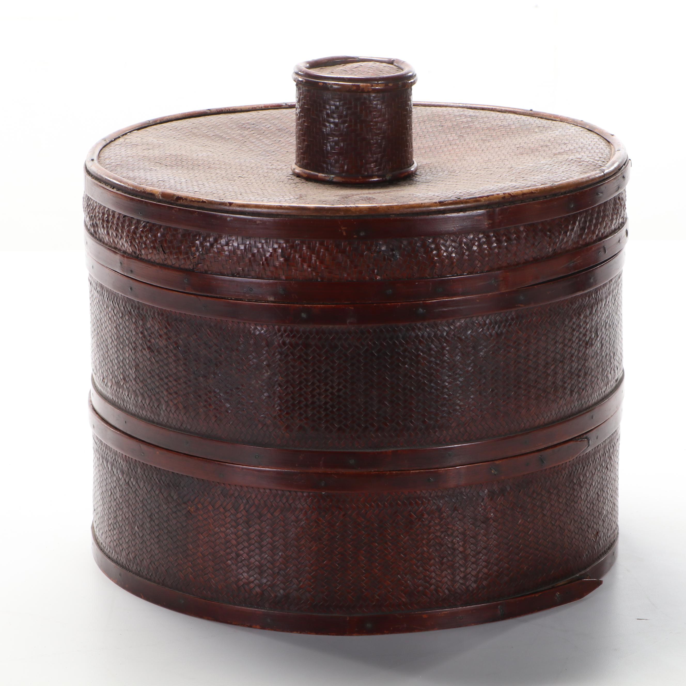Chinese Woven Bamboo and Wood Hat Storage Box