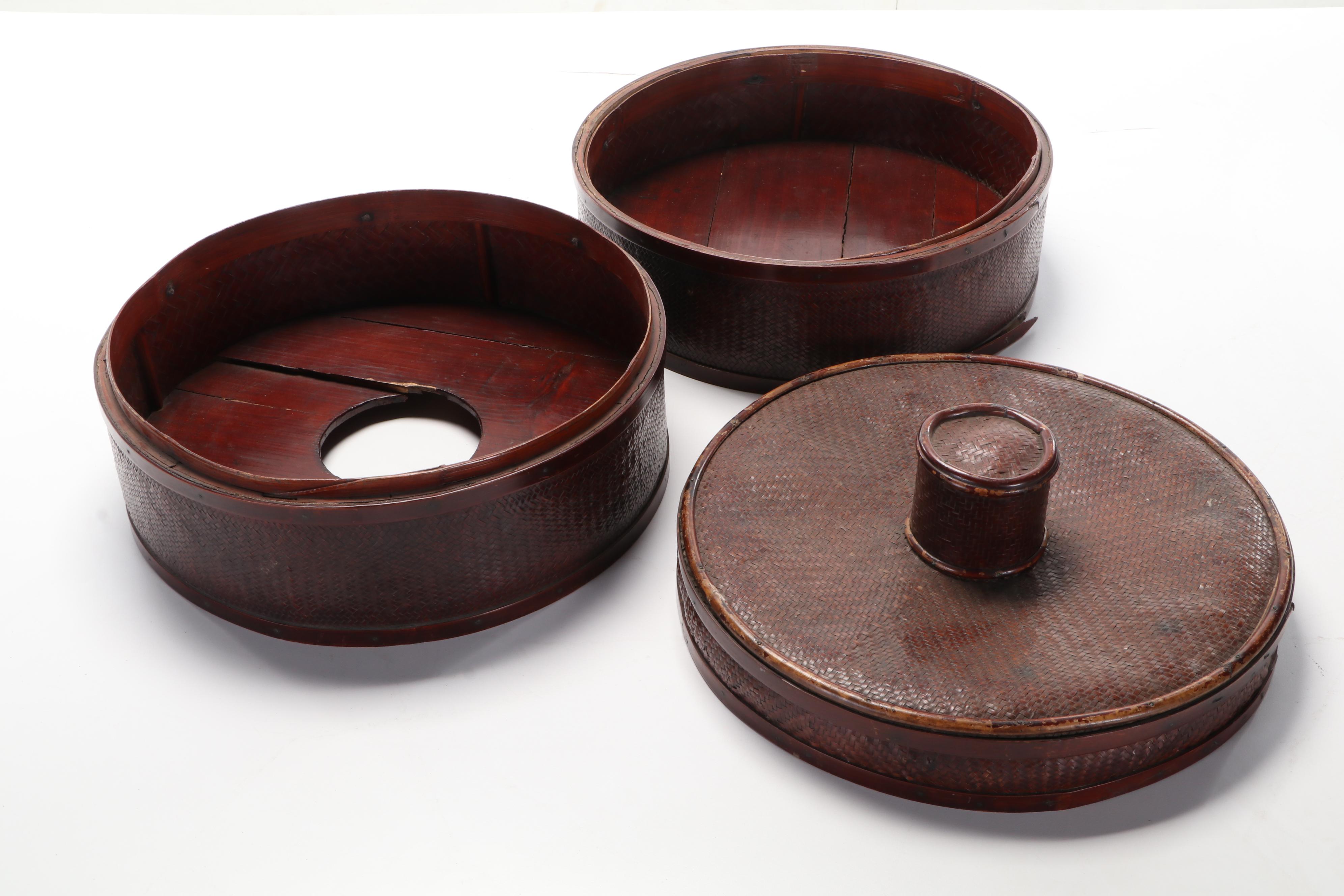 Chinese Woven Bamboo and Wood Hat Storage Box