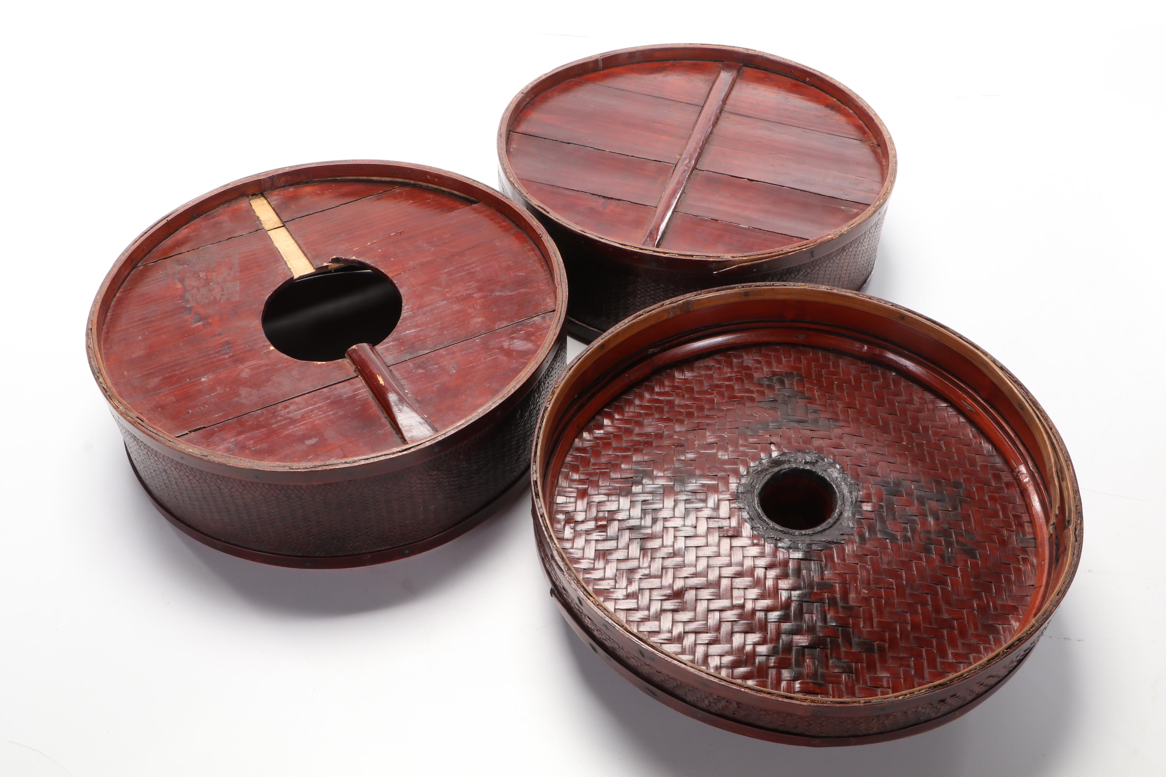 Chinese Woven Bamboo and Wood Hat Storage Box